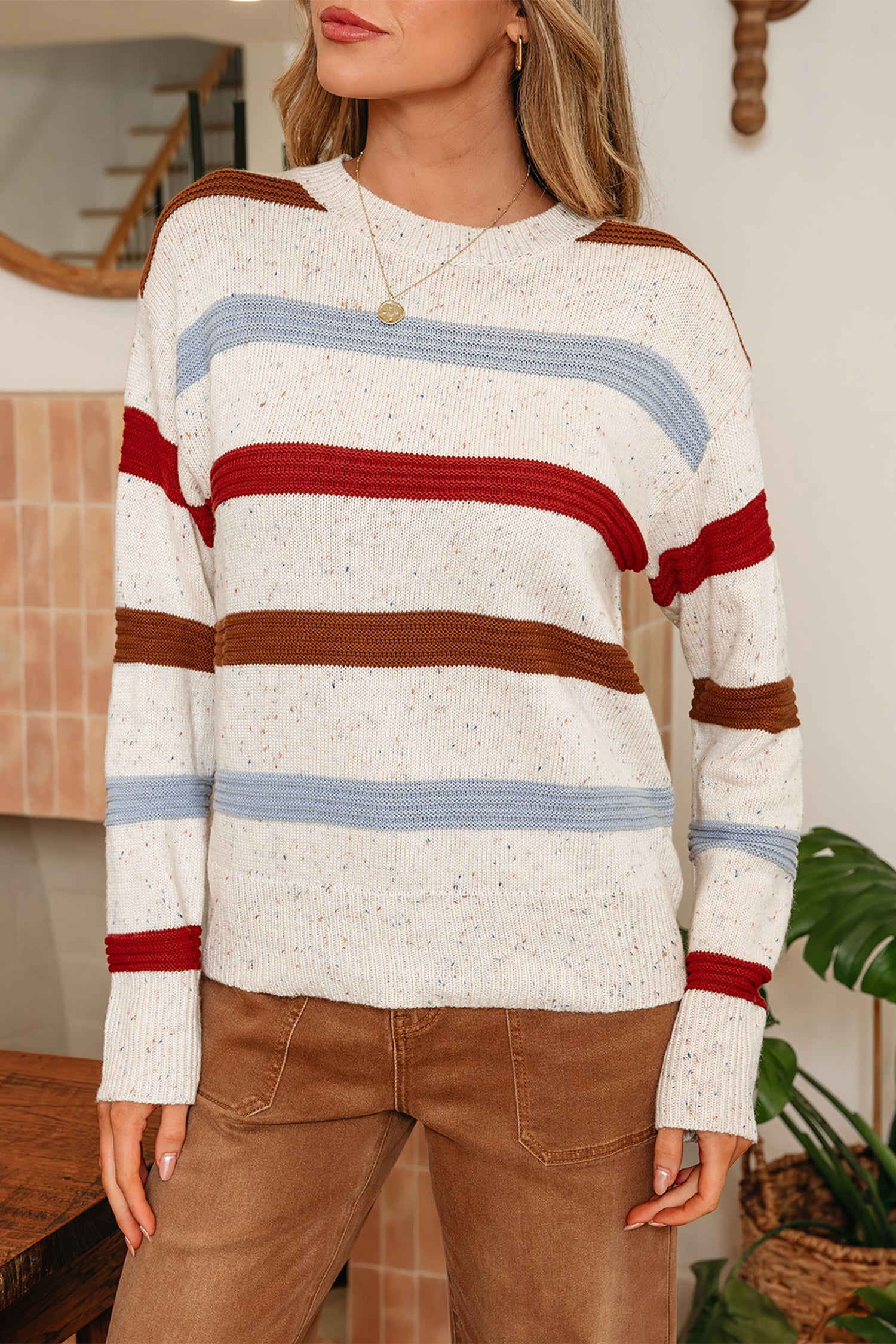 Beige Stripe Exposed Seam Drop Shoulder Heathered Knit Sweater-TOPS / DRESSES-[Adult]-[Female]-2022 Online Blue Zone Planet
