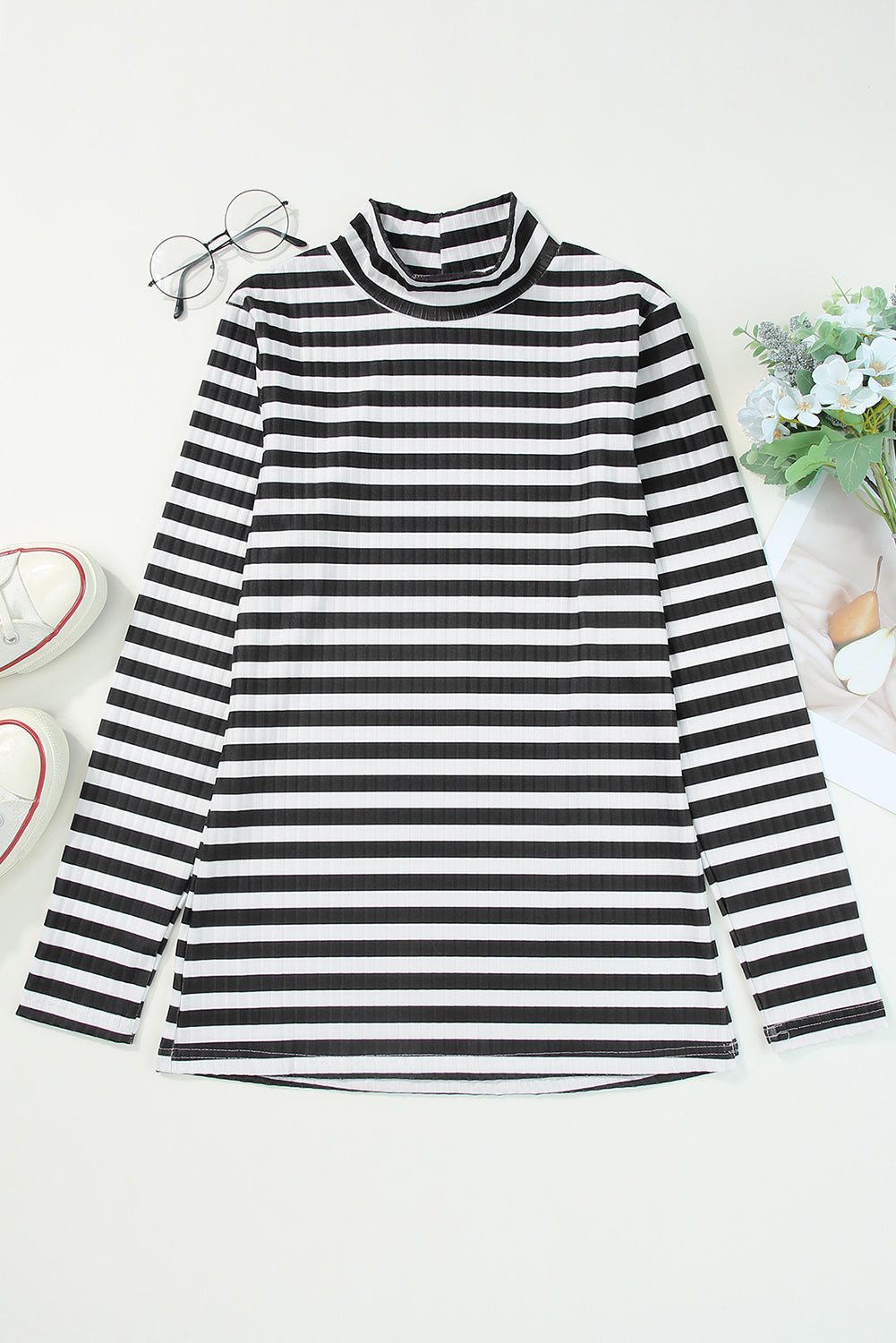 Striped Print Textured Knit Long Sleeve Tee-Tops/Long Sleeve Tops-[Adult]-[Female]-2022 Online Blue Zone Planet