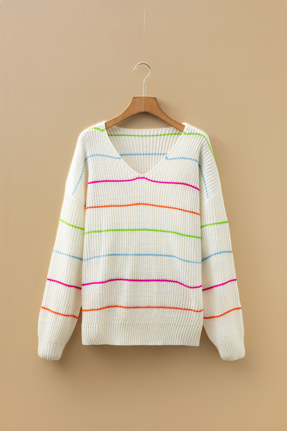White Colorful Striped Detail V Neck Drop Shoulder Baggy Sweater-TOPS / DRESSES-[Adult]-[Female]-2022 Online Blue Zone Planet