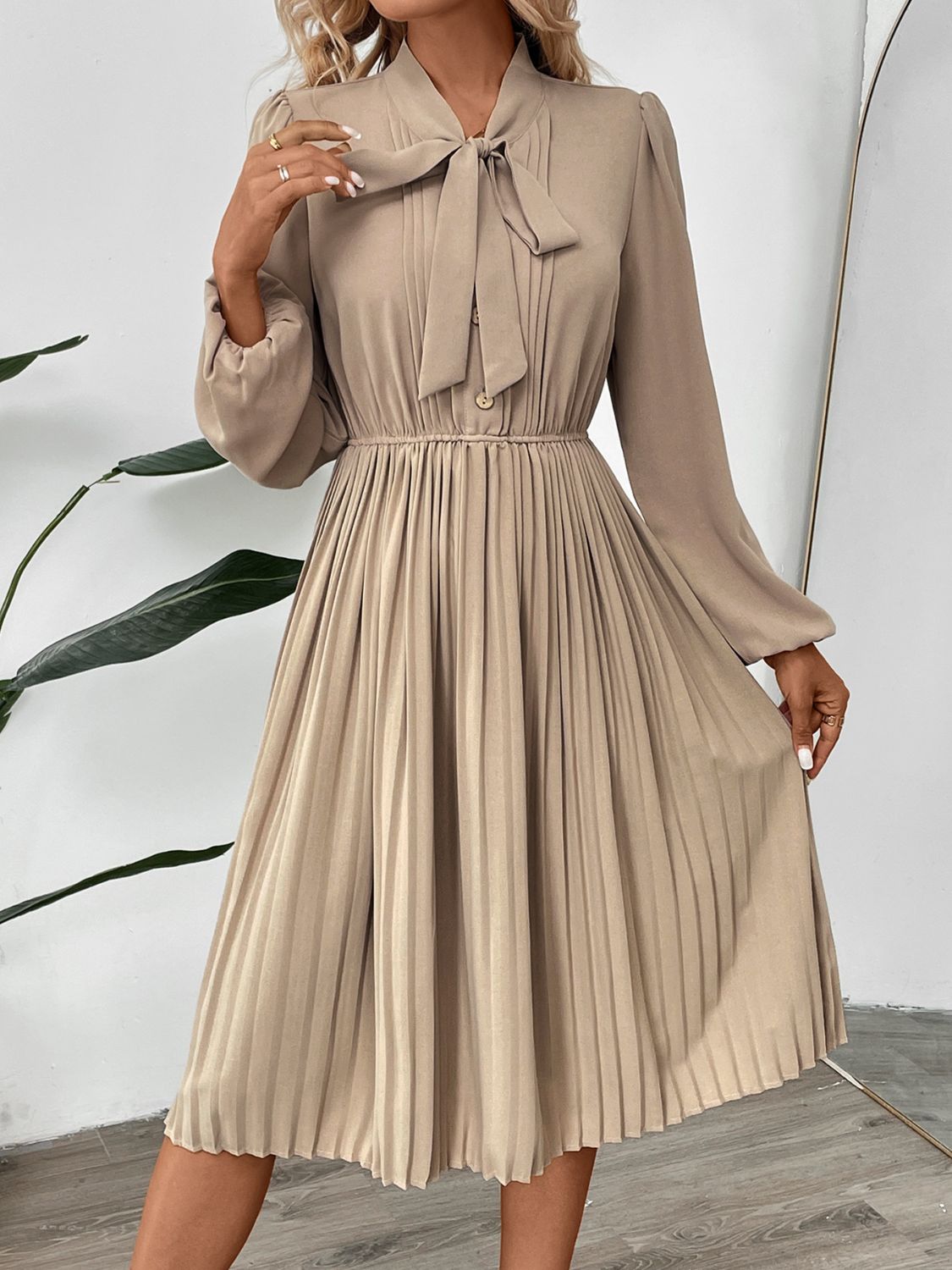 Perfee Pleated Tie Neck Long Sleeve Dress-TOPS / DRESSES-[Adult]-[Female]-2022 Online Blue Zone Planet