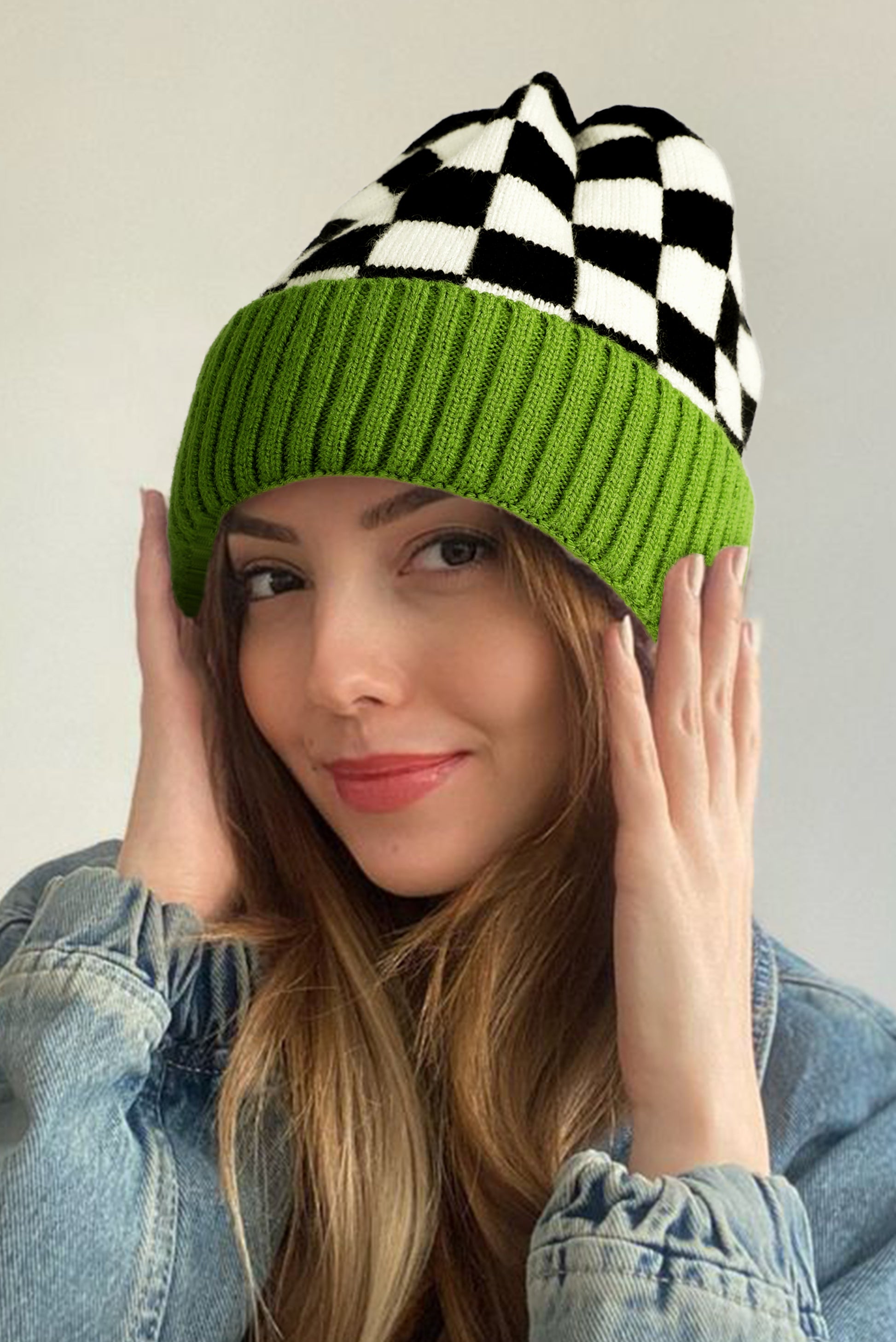 Blue Zone Planet | Spinach Green Checkered Color Block Unisex Winter Beanie Hat-BEANIES-[Adult]-[Female]-Spinach Green-ONE SIZE-2022 Online Blue Zone Planet