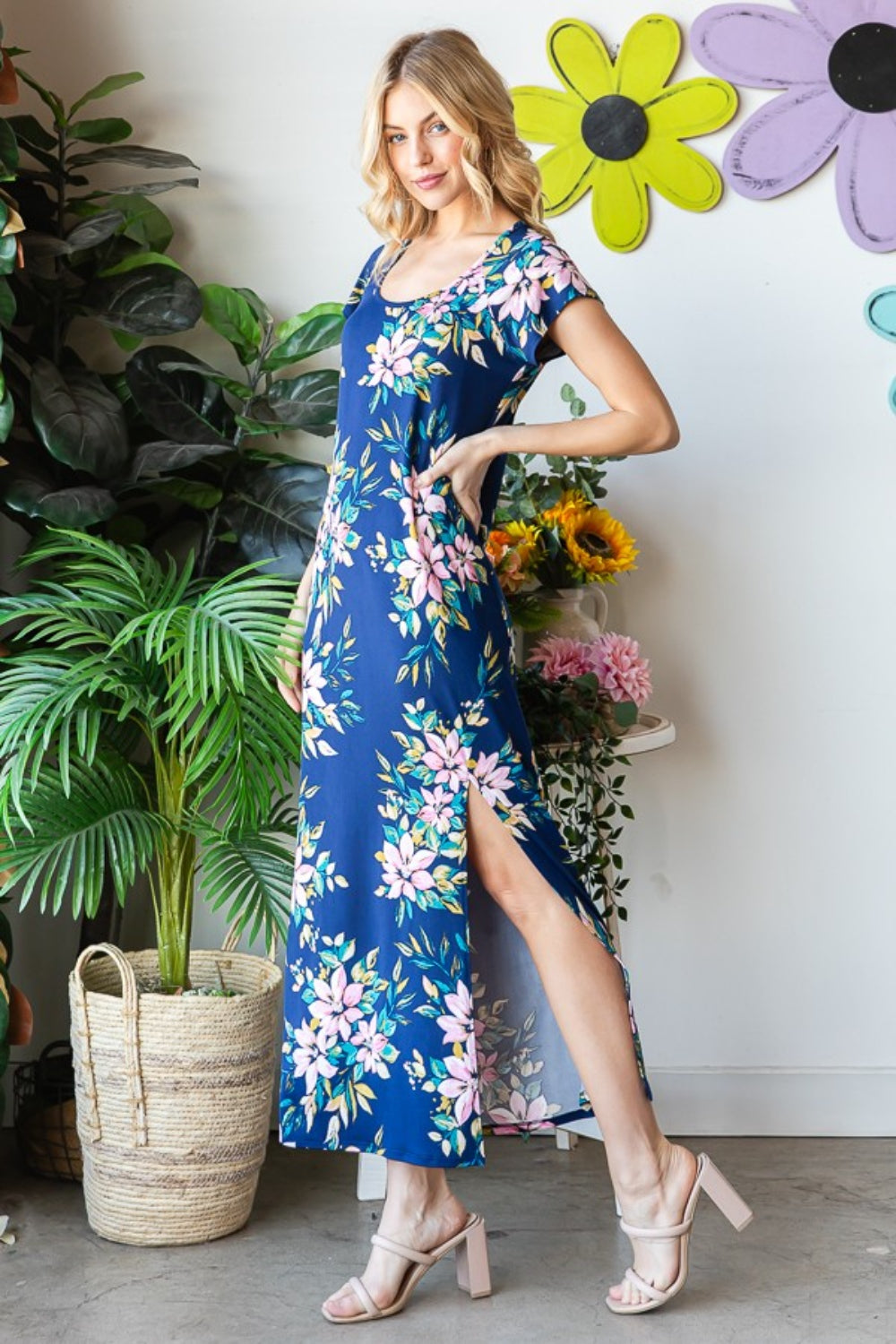 Heimish Full Size Floral Short Sleeve Slit Dress-TOPS / DRESSES-[Adult]-[Female]-2022 Online Blue Zone Planet