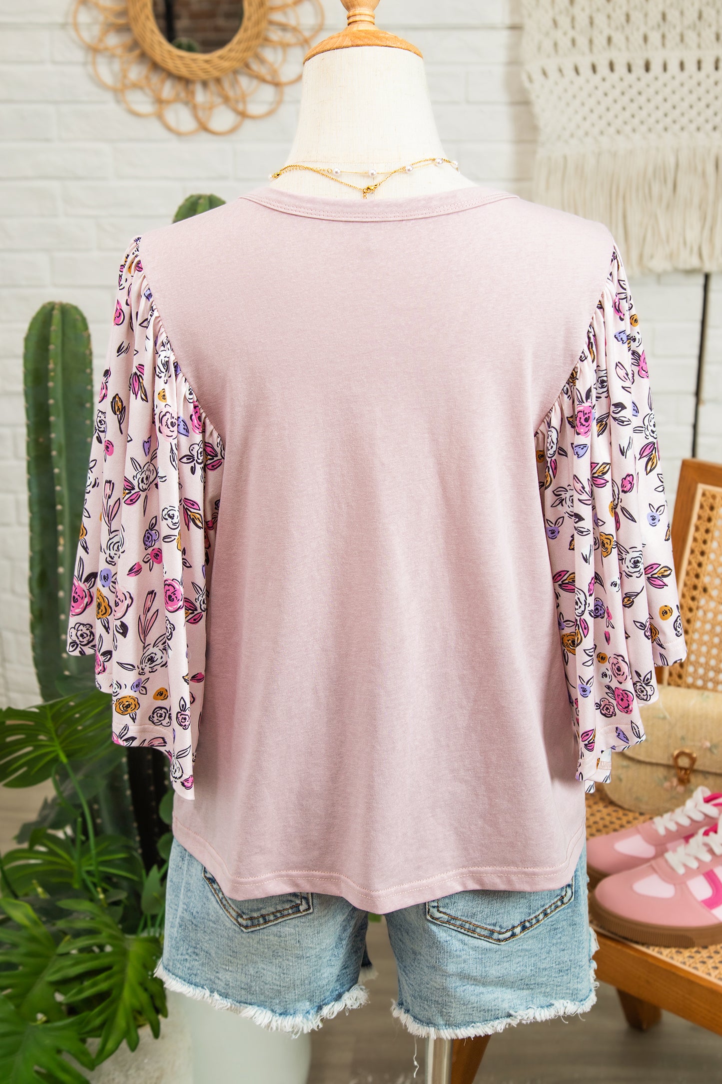 Pink Contrast Floral Patched Flowy Half Sleeve Blouse-Tops/Blouses & Shirts-[Adult]-[Female]-2022 Online Blue Zone Planet