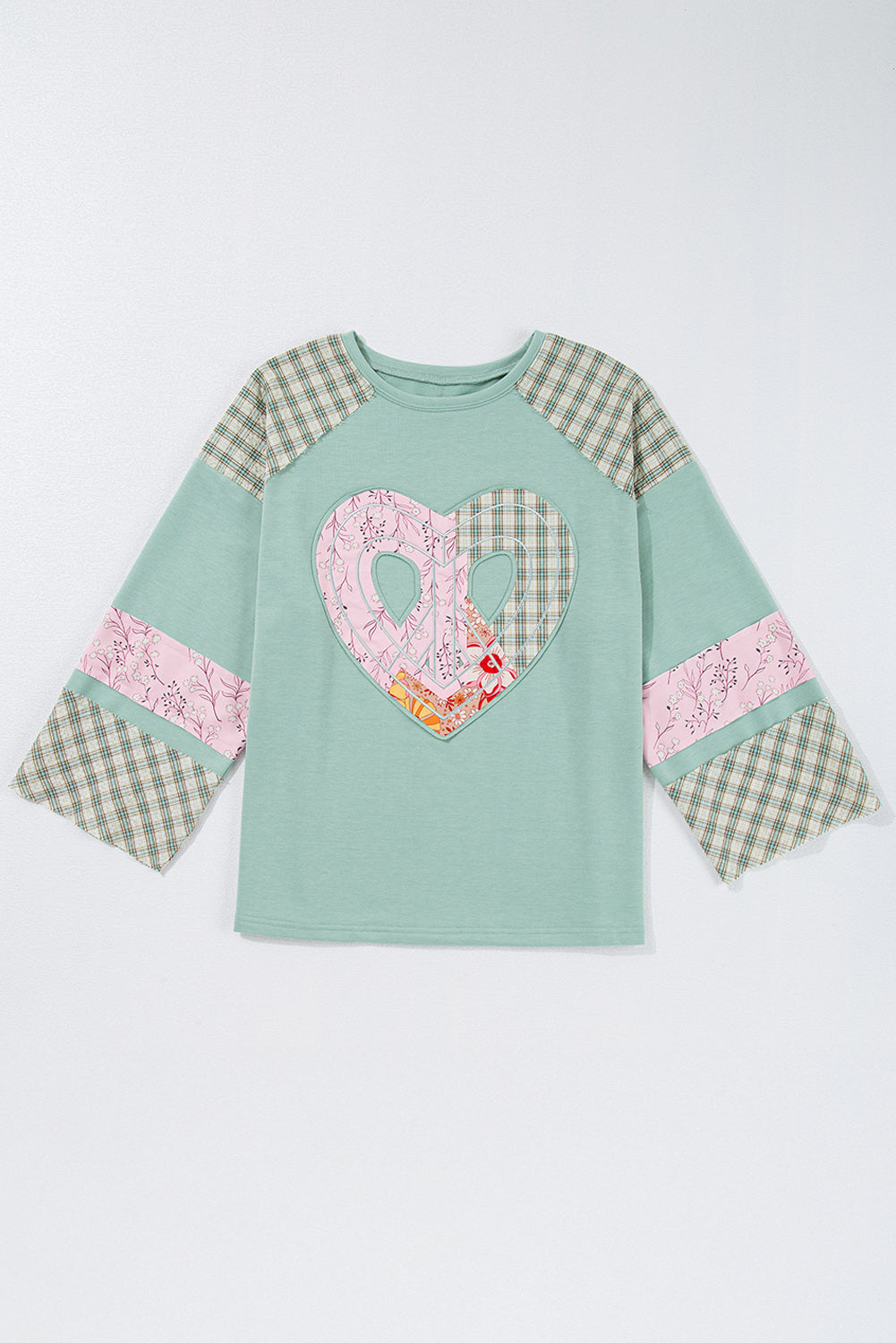 Aqua Plaid Floral Patchwork Heart Long Sleeve Top