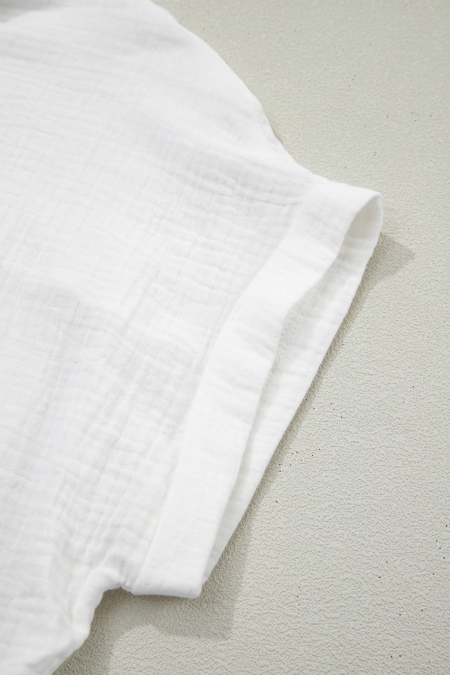 White Lace Trim Cuffed Short Sleeve Textured Shirt-Tops/Blouses & Shirts-[Adult]-[Female]-2022 Online Blue Zone Planet