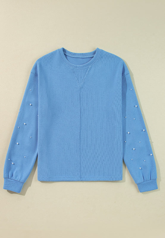 Pearl Trim Round Neck Long Sleeve Sweatshirt-TOPS / DRESSES-[Adult]-[Female]-2022 Online Blue Zone Planet