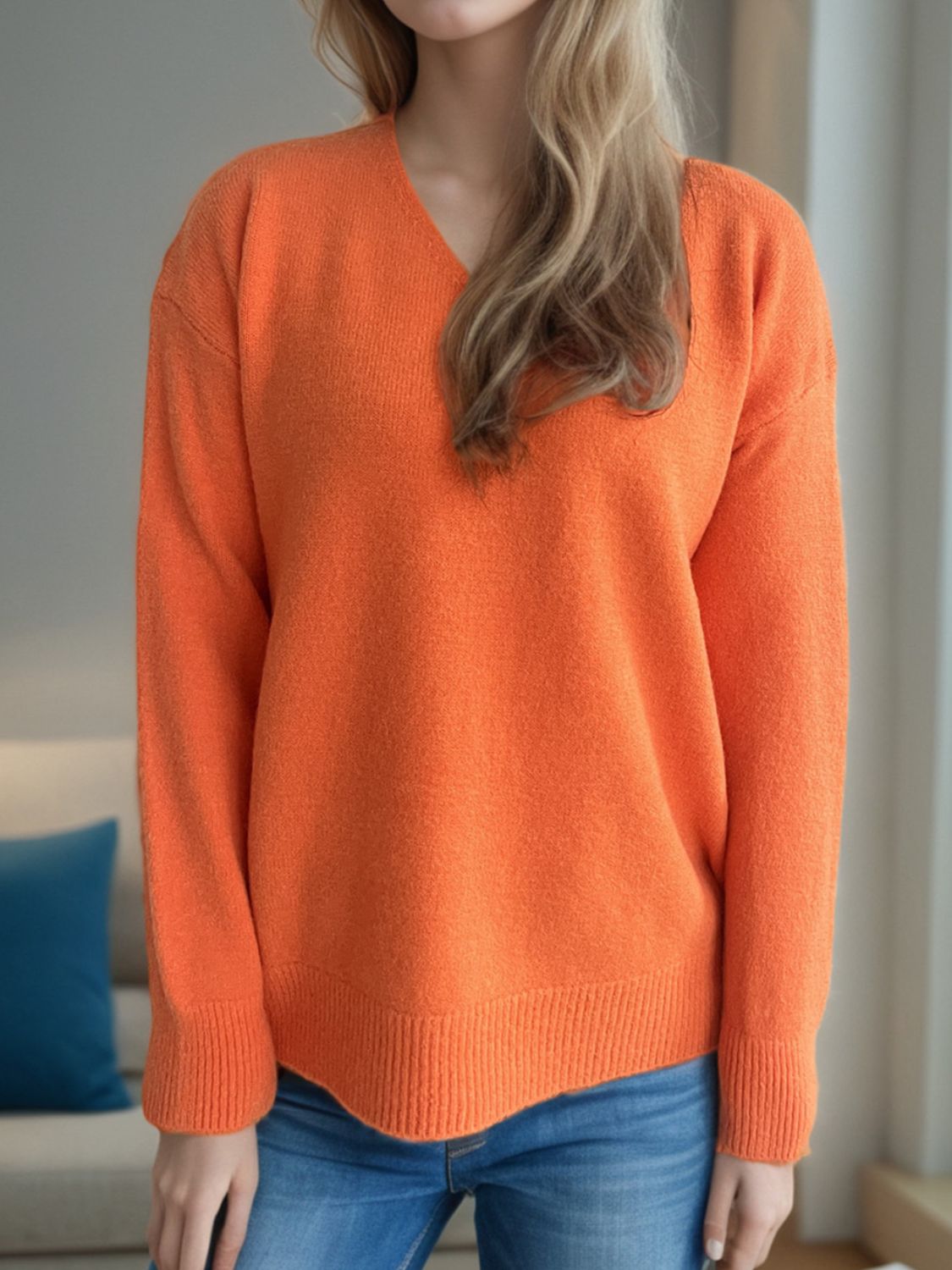 Blue Zone Planet | V-Neck Dropped Shoulder Long Sleeve Sweater-TOPS / DRESSES-[Adult]-[Female]-Orange-One Size-2022 Online Blue Zone Planet