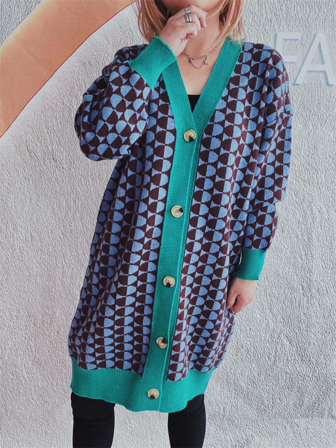 Contrast Trim Geometric Button Down Cardigan-TOPS / DRESSES-[Adult]-[Female]-2022 Online Blue Zone Planet