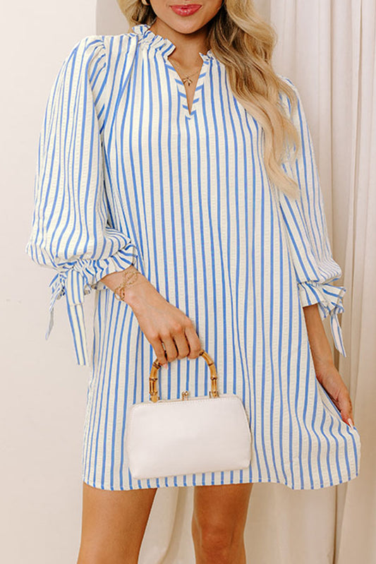 Sky Blue Stripe Knotted Bracelet Sleeve Notched Neck Shift Mini Dress-TOPS / DRESSES-[Adult]-[Female]-Sky Blue Stripe-S-2022 Online Blue Zone Planet