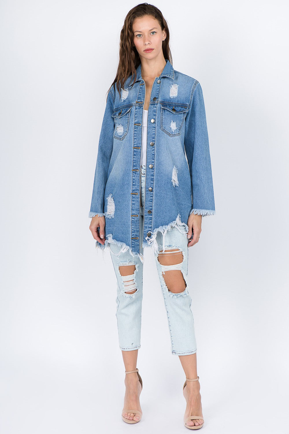 American Bazi Distressed Frayed Hem Denim Jacket-TOPS / DRESSES-[Adult]-[Female]-2022 Online Blue Zone Planet