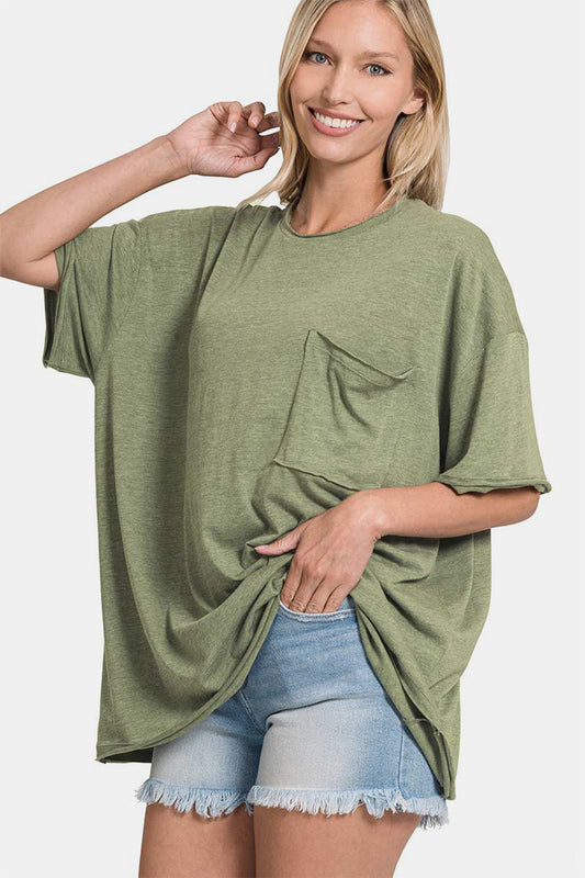 Blue Zone Planet | Zenana Drop Shoulder Oversized Front Pocket T-Shirt-TOPS / DRESSES-[Adult]-[Female]-Olive-S/M-2022 Online Blue Zone Planet