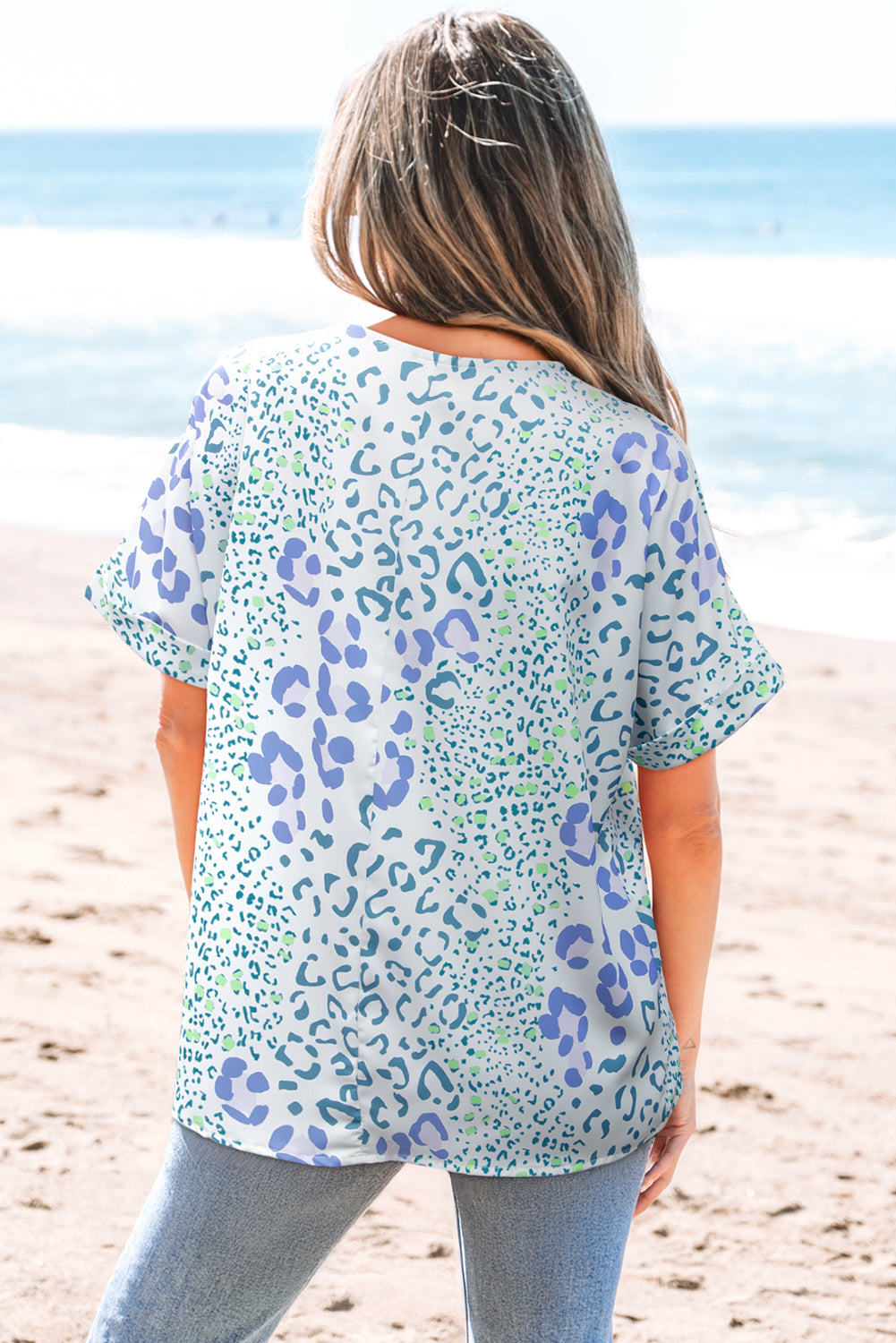 Sky Blue Mixed Leopard Print V Neck Short Sleeve Blouse-Tops/Blouses & Shirts-[Adult]-[Female]-2022 Online Blue Zone Planet