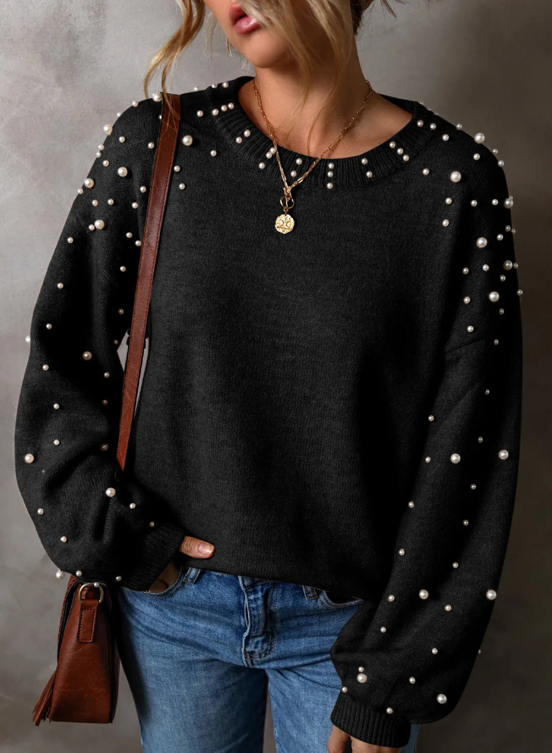 Blue Zone Planet | Pearl Detail Round Neck Long Sleeve Sweater-TOPS / DRESSES-[Adult]-[Female]-Black-M-2022 Online Blue Zone Planet