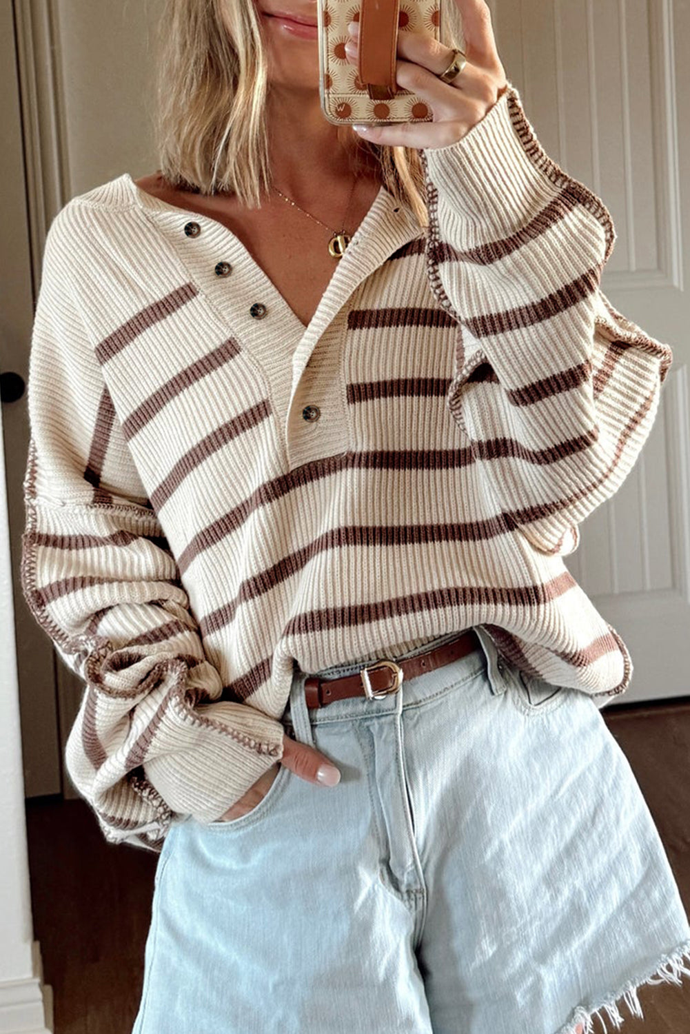 Brown Stripe Ribbed Henley Drop Shoulder Slouchy Sweater-TOPS / DRESSES-[Adult]-[Female]-Brown Stripe-S-2022 Online Blue Zone Planet