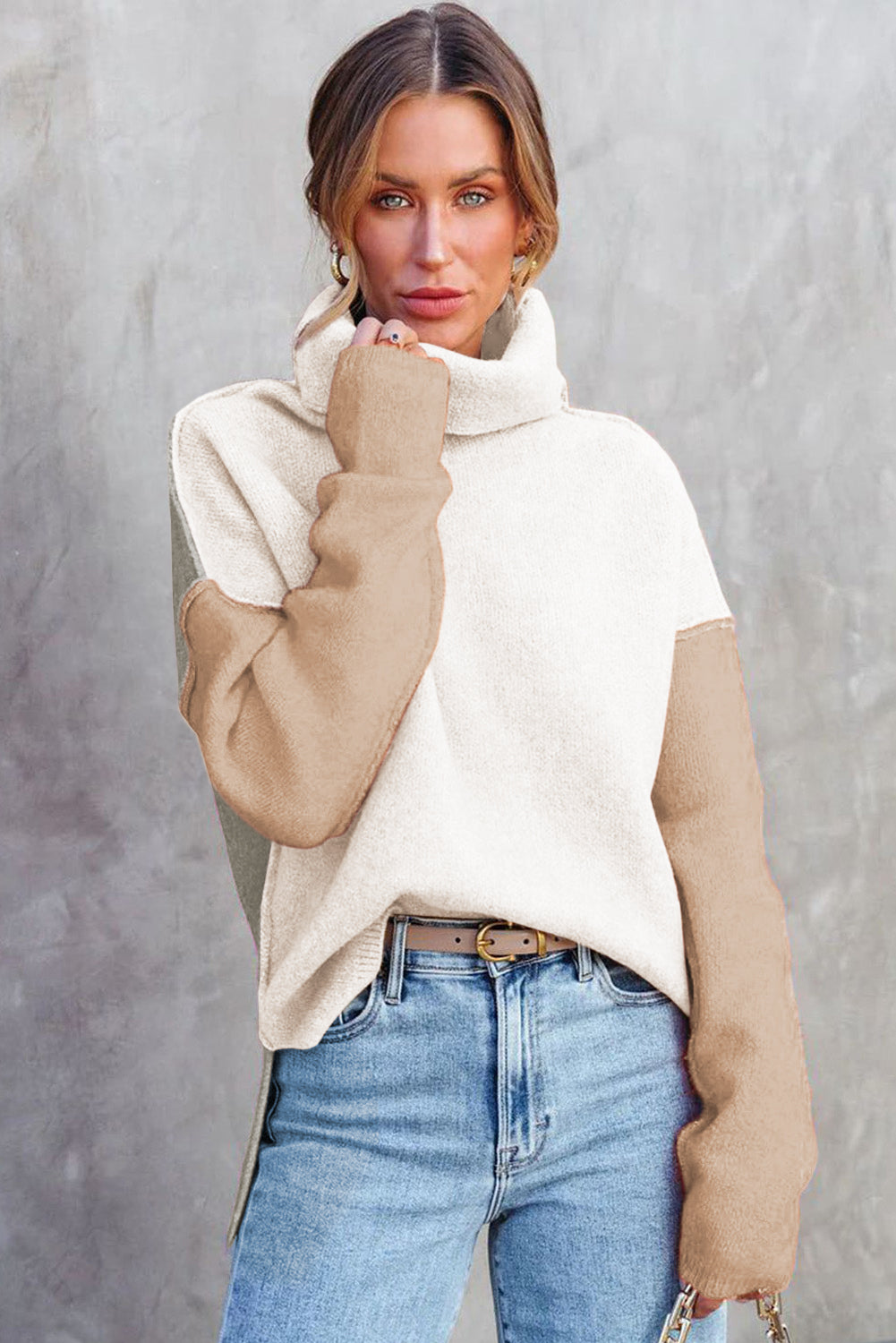 White Color Block Turtle Neck Drop Shoulder Knit Sweater-TOPS / DRESSES-[Adult]-[Female]-2022 Online Blue Zone Planet