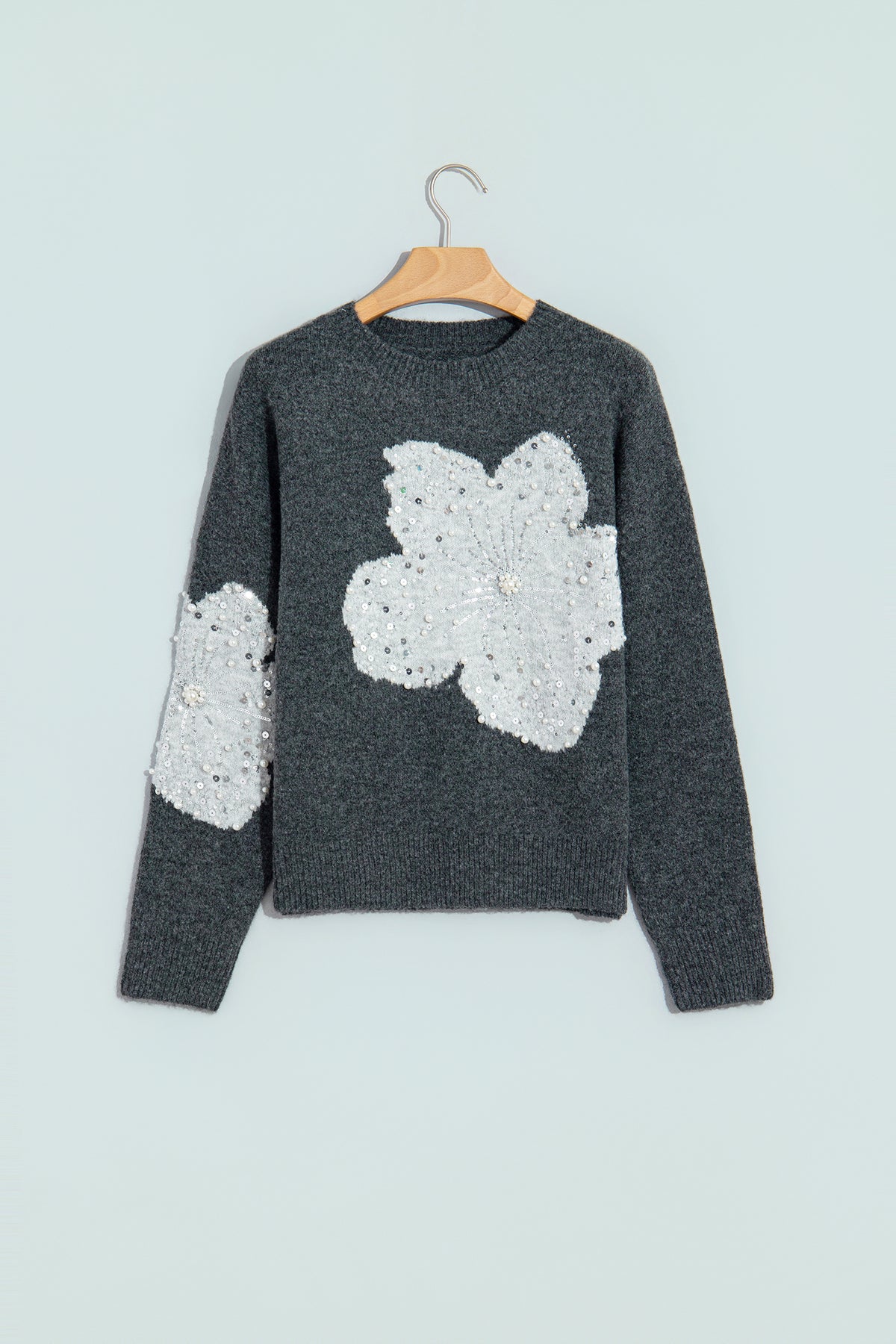 Dark Grey Beaded Floral Accent Casual Round Neck Sweater-TOPS / DRESSES-[Adult]-[Female]-2022 Online Blue Zone Planet