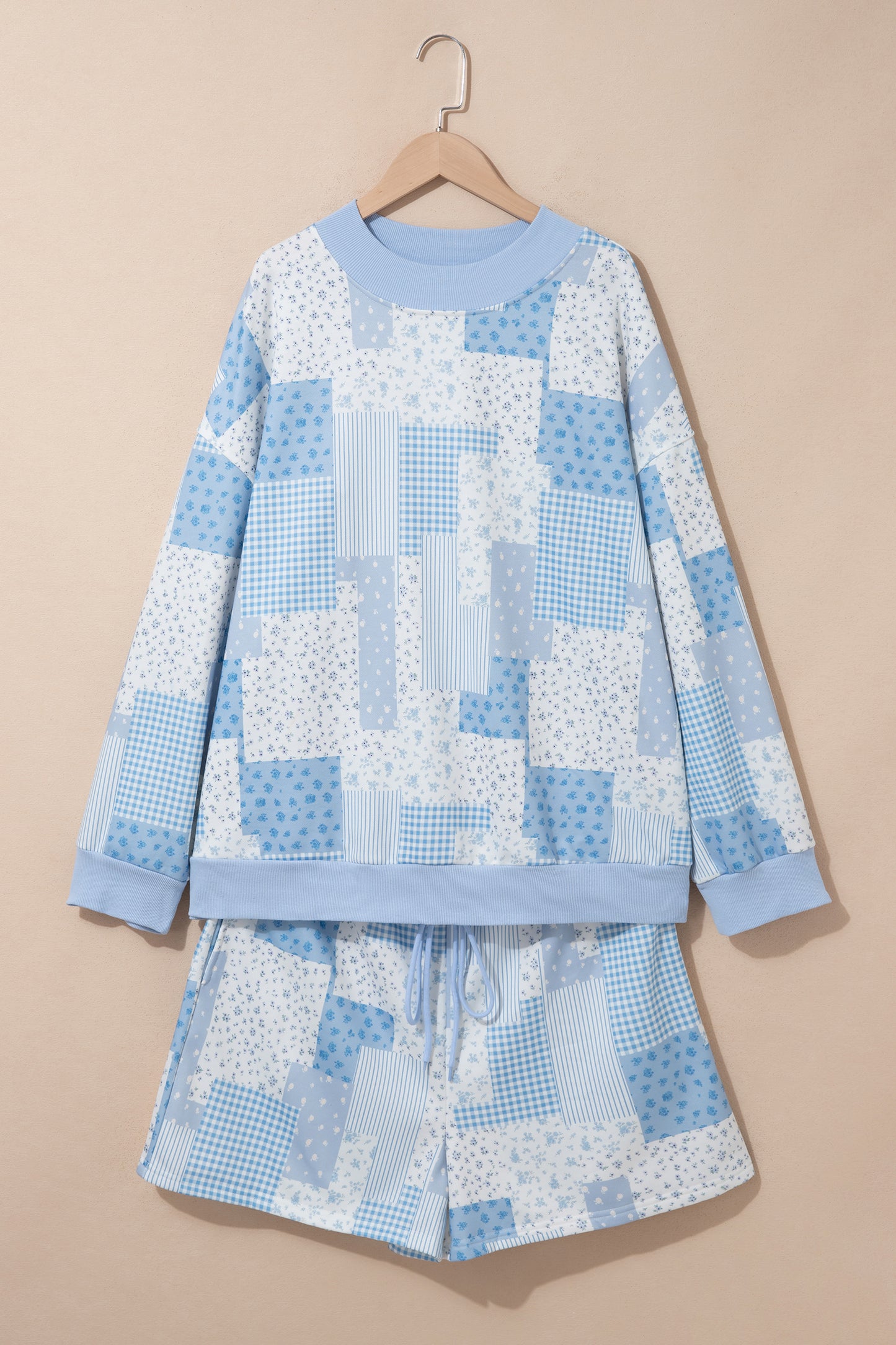 Sky Blue Patchwork Floral Print Stand Neck Long Sleeve Two-piece Outfit Plus Size Set-Plus Size/Plus Size Loungewear-[Adult]-[Female]-2022 Online Blue Zone Planet