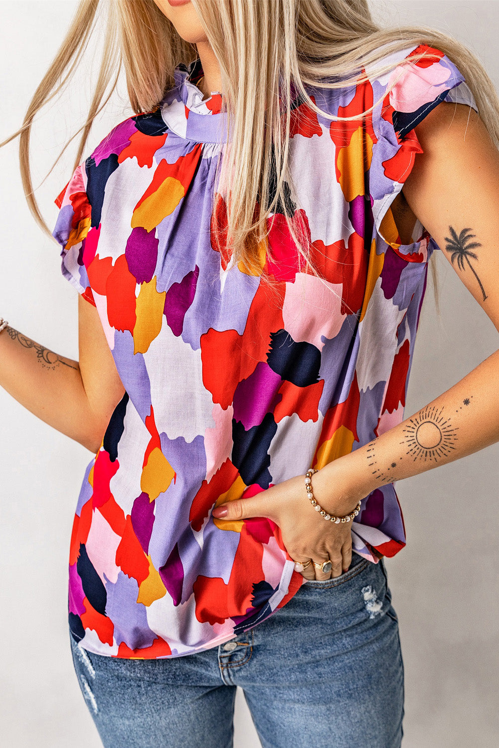 Red Ruffle Cap Sleeve Frill Mock Neck Printed Top-Tops/Tops & Tees-[Adult]-[Female]-2022 Online Blue Zone Planet