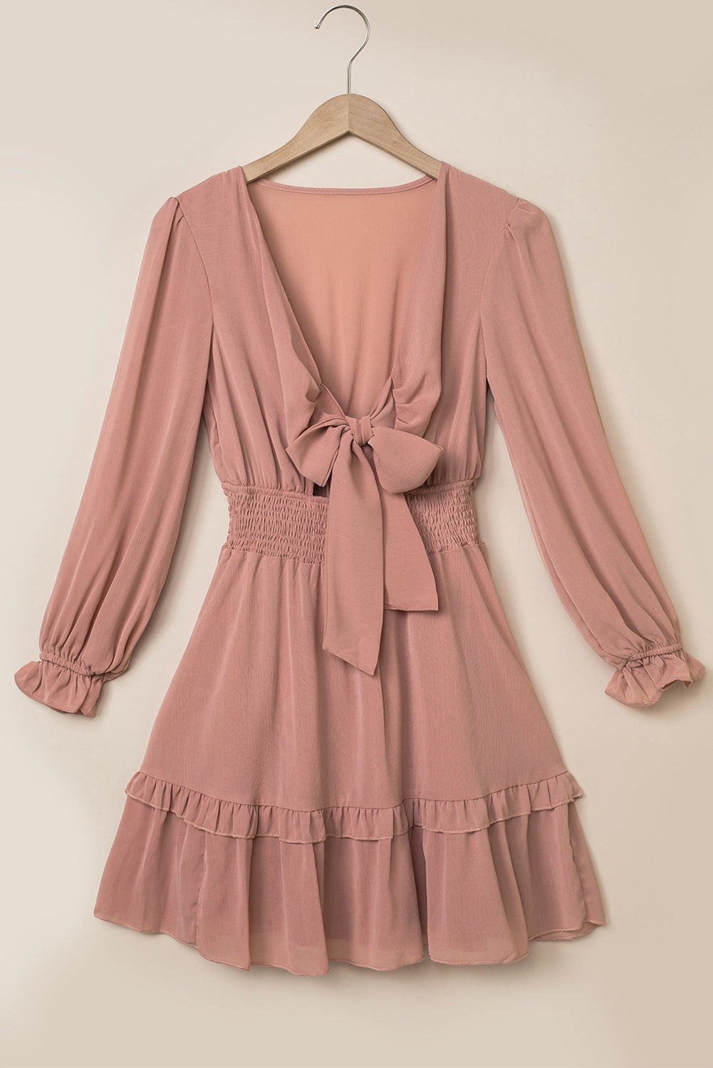 Tied Flounce Sleeve Mini Dress-TOPS / DRESSES-[Adult]-[Female]-Dusty Pink-S-2022 Online Blue Zone Planet