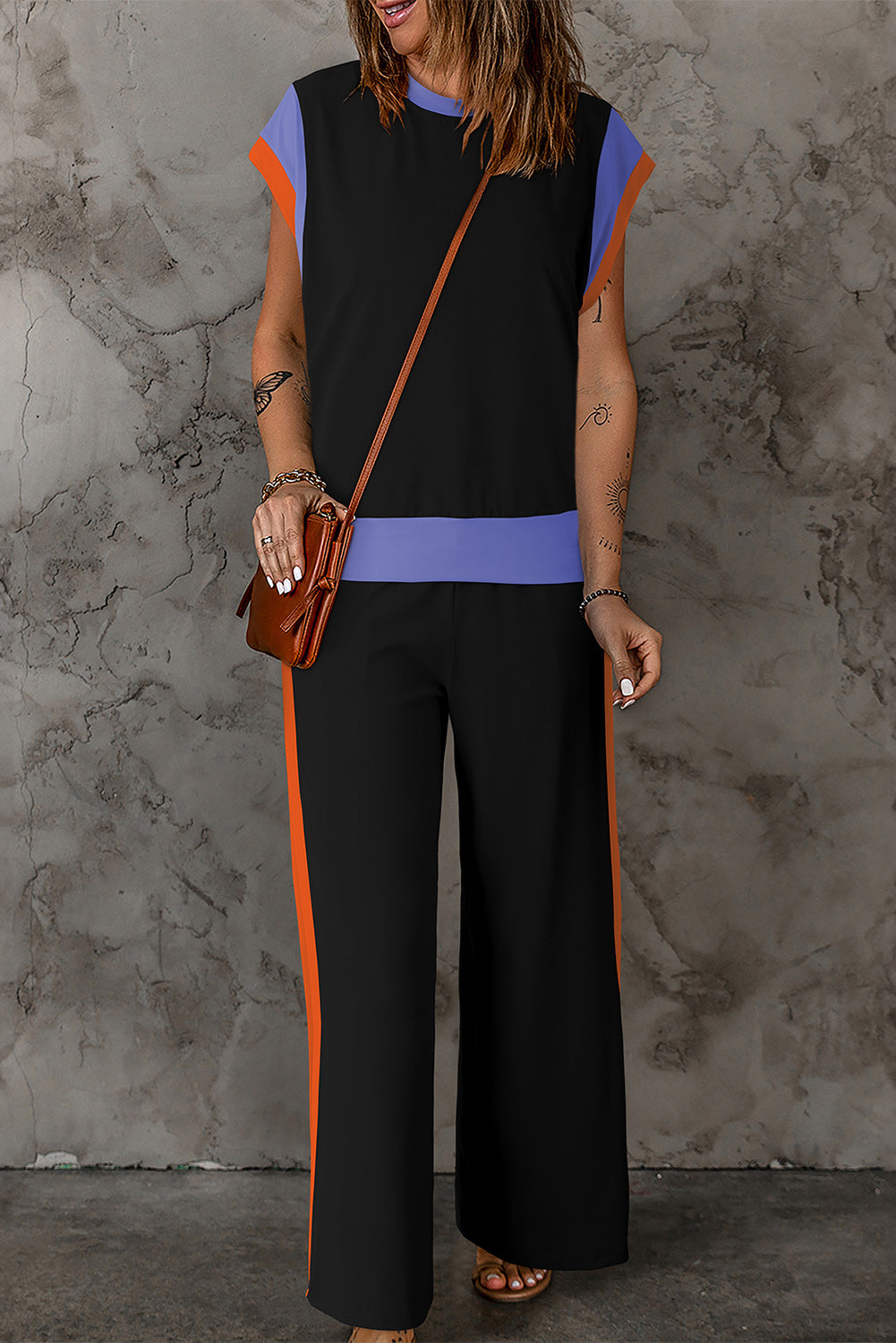 Contrast Round Neck Top and Pants Set-TOPS / DRESSES-[Adult]-[Female]-Black-S-2022 Online Blue Zone Planet