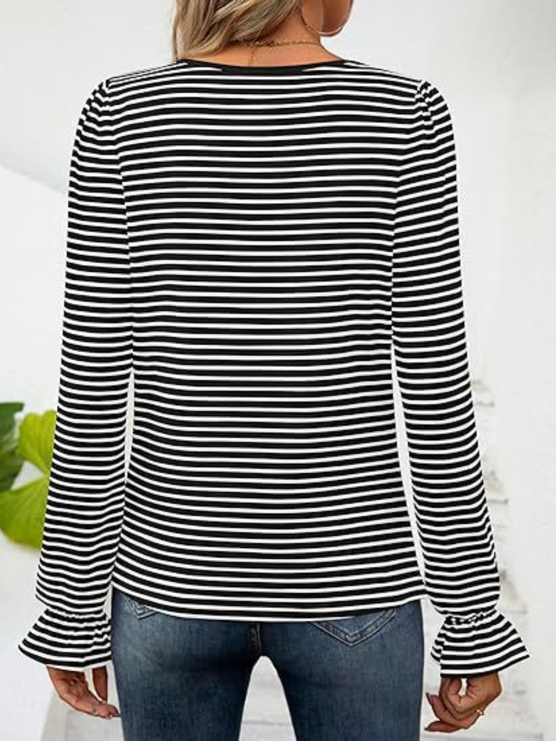 Striped Square Neck Flounce Sleeve Top-TOPS / DRESSES-[Adult]-[Female]-2022 Online Blue Zone Planet