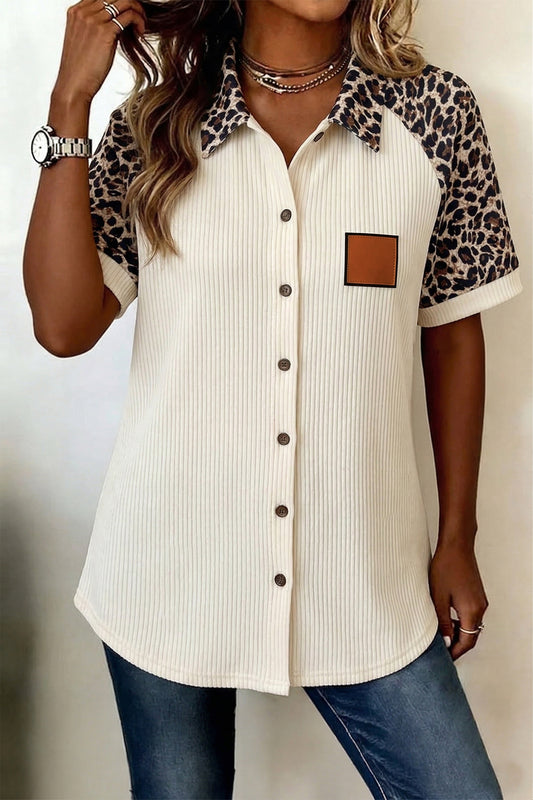 White Ribbed Texture Button Down Leopard Patchwork Short Sleeve Shirt
