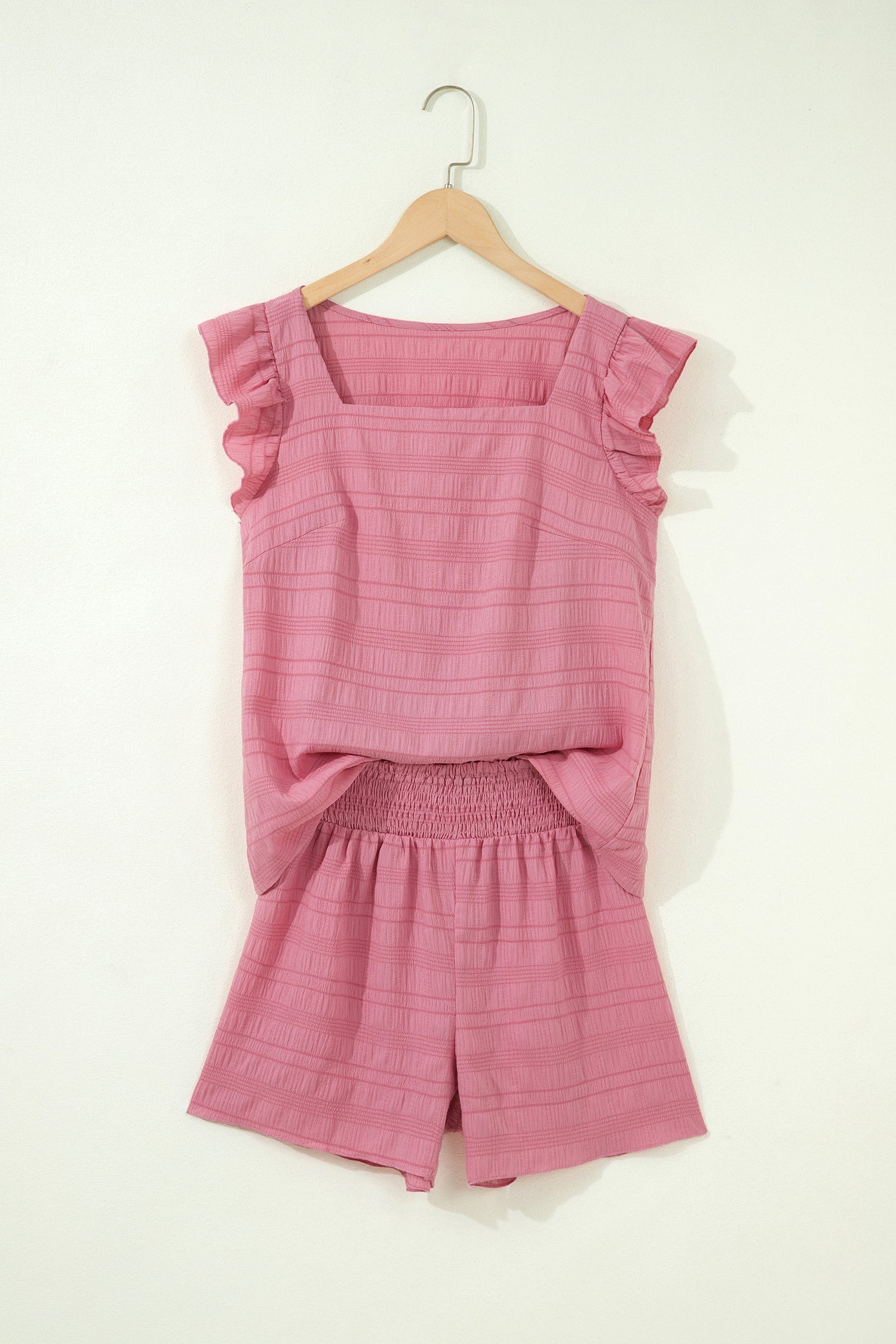 Peach Blossom Textured Square Neck Top And Shirred High Waist Shorts Set-Two Piece Sets/Short Sets-[Adult]-[Female]-2022 Online Blue Zone Planet