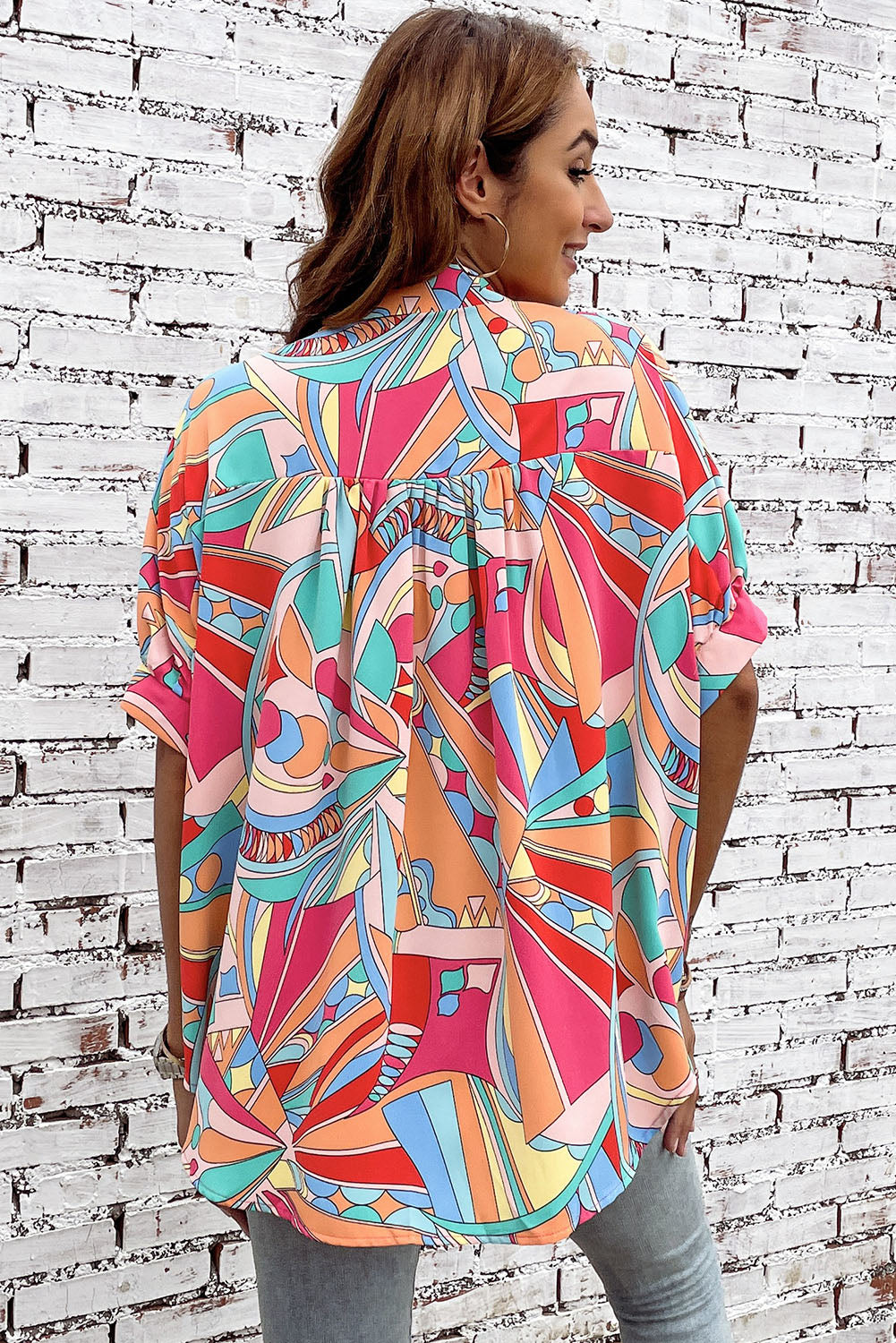 Multicolor Abstract Geometry Print Half Puff Sleeve Loose Shirt-Sale (50% OFF)/50% OFF-[Adult]-[Female]-2022 Online Blue Zone Planet