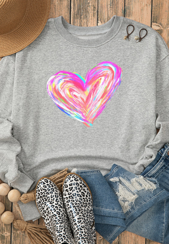 Valentine’s Day Heart Round Neck Drop Shoulder Sweatshirt-TOPS / DRESSES-[Adult]-[Female]-2022 Online Blue Zone Planet