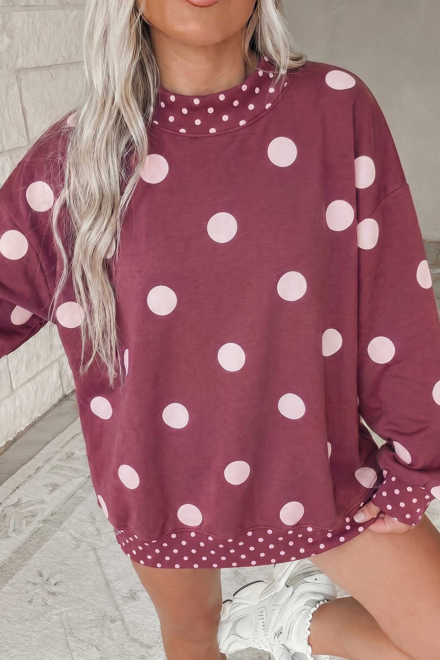 Pink Polka Dot Print Contrast Detail Oversized Tunic Sweatshirt-Tops/Sweatshirts & Hoodies-[Adult]-[Female]-Red1-S-2022 Online Blue Zone Planet