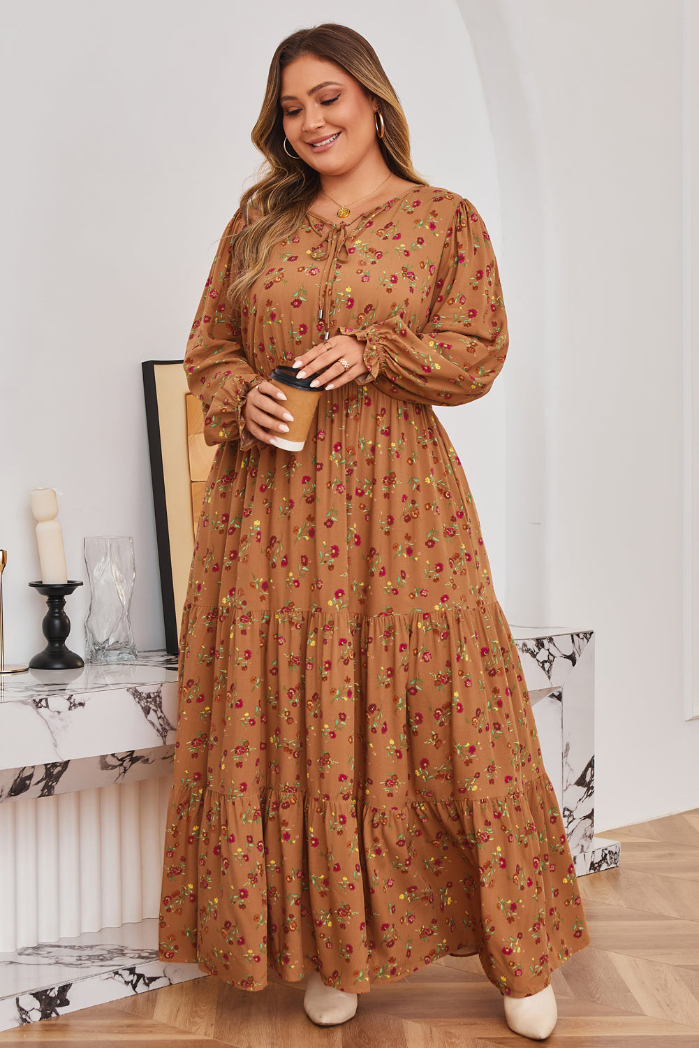 Brown Plus Size Floral Split V Neck Ruffled Sleeve Tiered Maxi Dress-TOPS / DRESSES-[Adult]-[Female]-2022 Online Blue Zone Planet