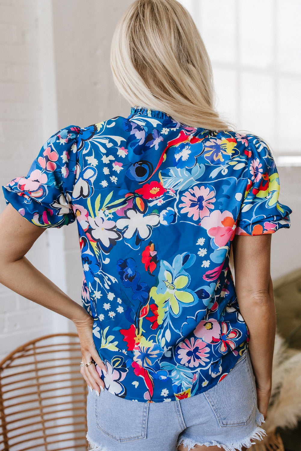 Blue Flower Print Collared V Neck Puff Short Sleeve Loose Blouse-Tops/Blouses & Shirts-[Adult]-[Female]-2022 Online Blue Zone Planet