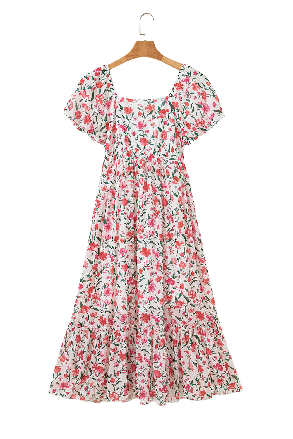 Pink Floral Puff Sleeve Square Neck Empire Waist Tiered Maxi Dress-Dresses/Floral Dresses-[Adult]-[Female]-2022 Online Blue Zone Planet