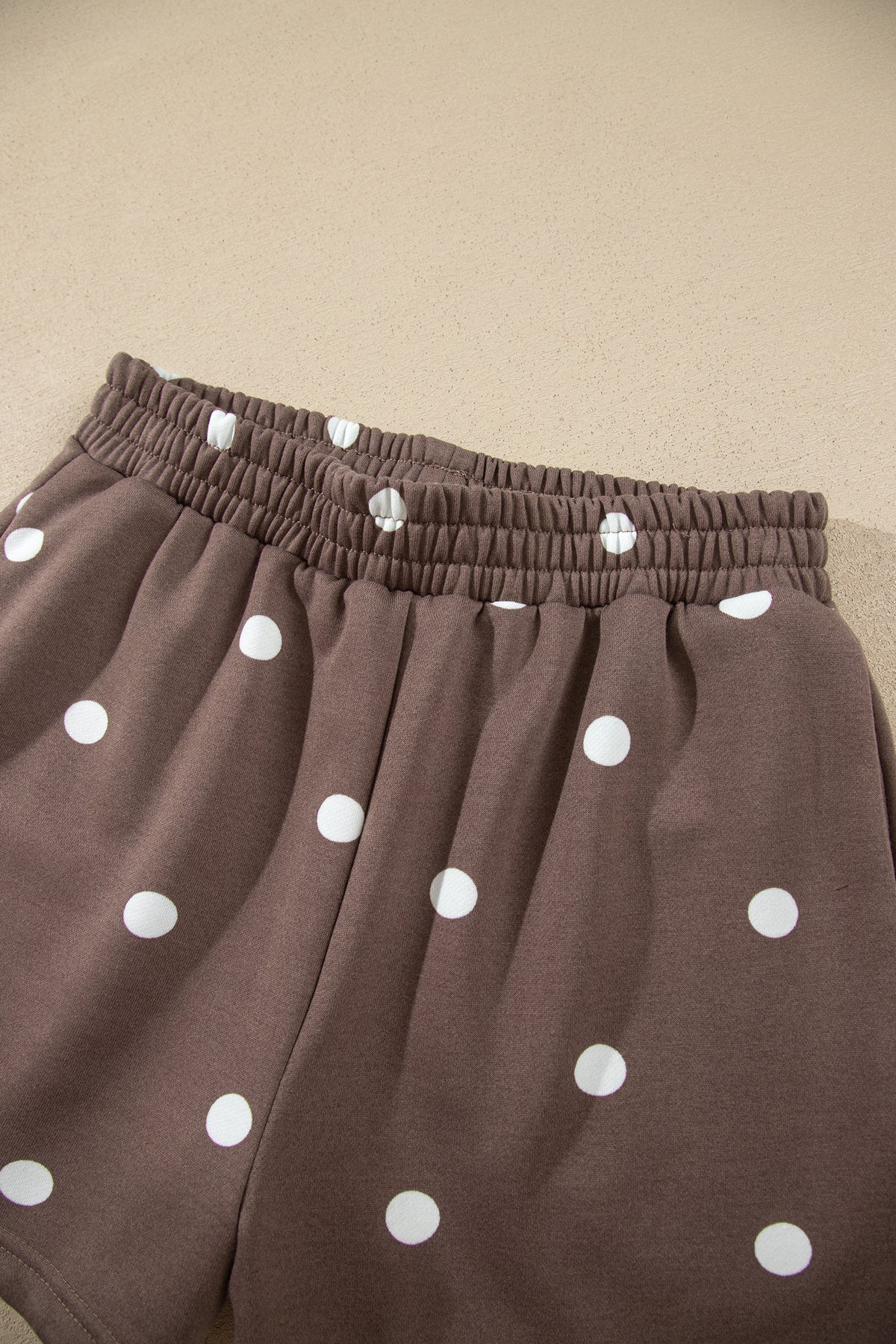 Brown Polka Dot Ribbed Trim Long Sleeve Top Casual Short Set-Two Piece Sets/Short Sets-[Adult]-[Female]-2022 Online Blue Zone Planet