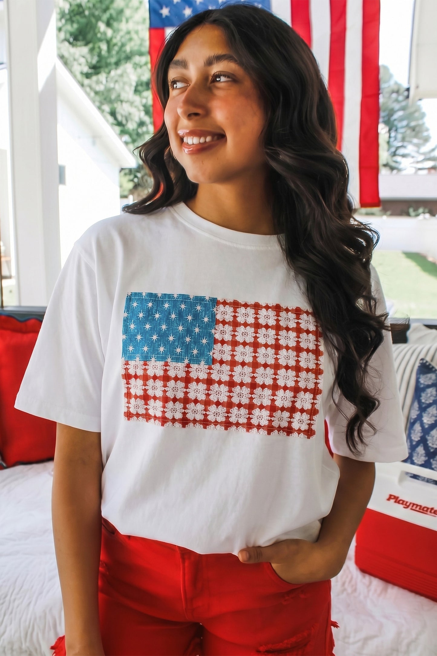 White Fancy Embroidered Patch Flag Casual T Shirt-Tops/Tops & Tees-[Adult]-[Female]-2022 Online Blue Zone Planet