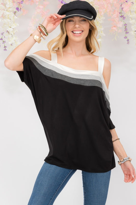 Celeste Full Size Striped Cold Shoulder Top-TOPS / DRESSES-[Adult]-[Female]-Black/Ivory-S-2022 Online Blue Zone Planet