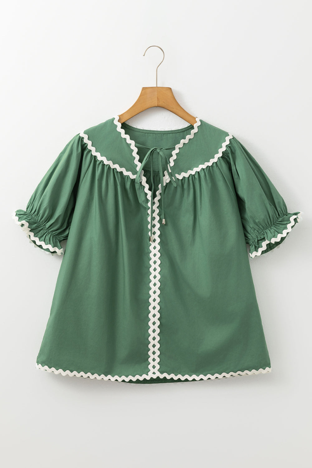 Mist Green Ric Rac Trim Tie Split Neck Short Sleeve Blouse-Tops/Blouses & Shirts-[Adult]-[Female]-2022 Online Blue Zone Planet