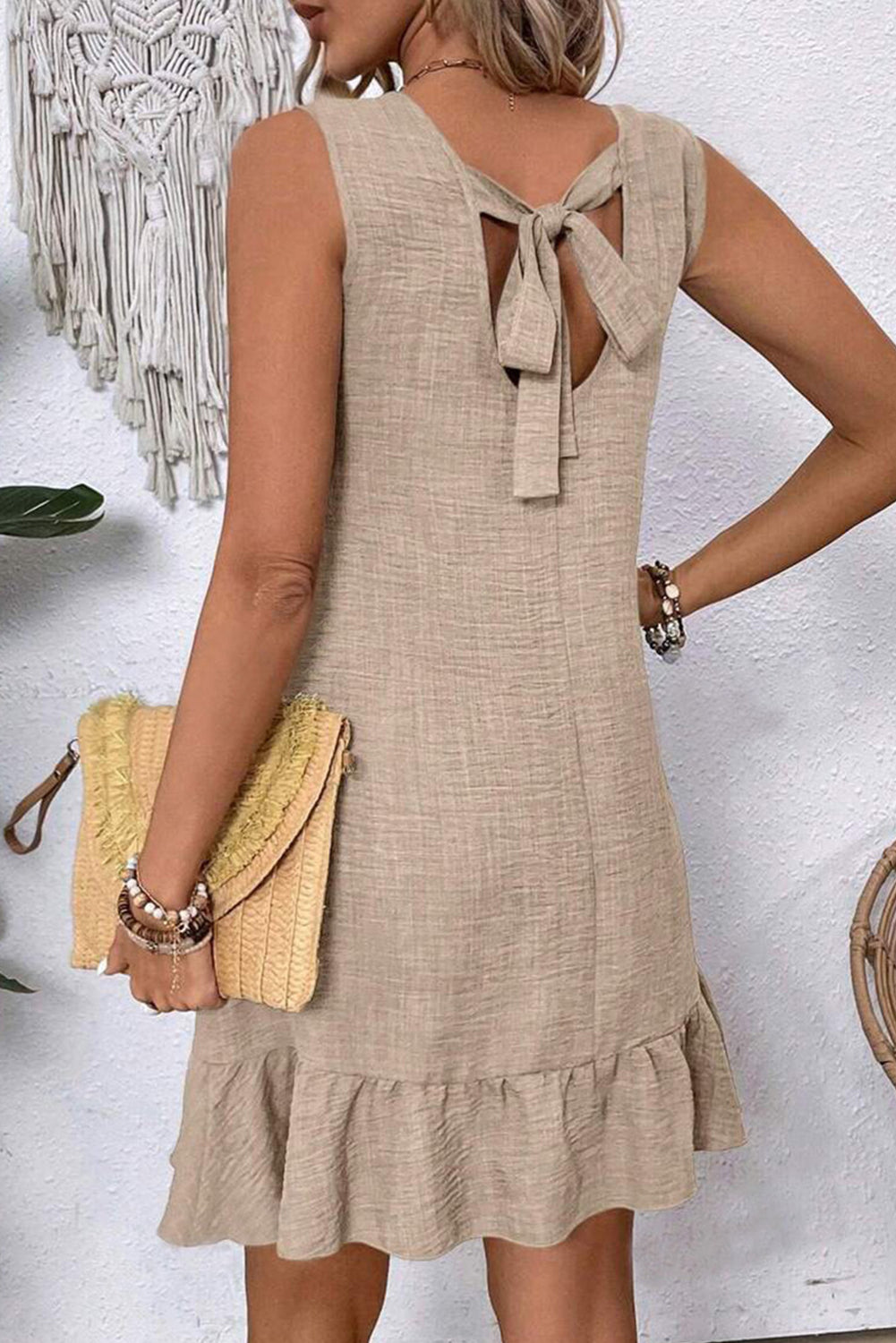 Smoke Gray Knot Scoop Back Ruffle Hem Sleeveless Mini Dress-TOPS / DRESSES-[Adult]-[Female]-2022 Online Blue Zone Planet