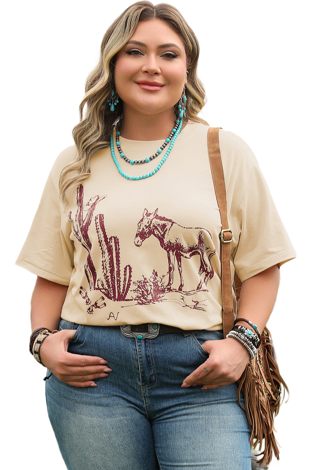 Parchment Western Burro Cactus Crew Neck Graphic Tee-Plus Size/Plus Size Tops/Plus Size Tops & Tees-[Adult]-[Female]-2022 Online Blue Zone Planet
