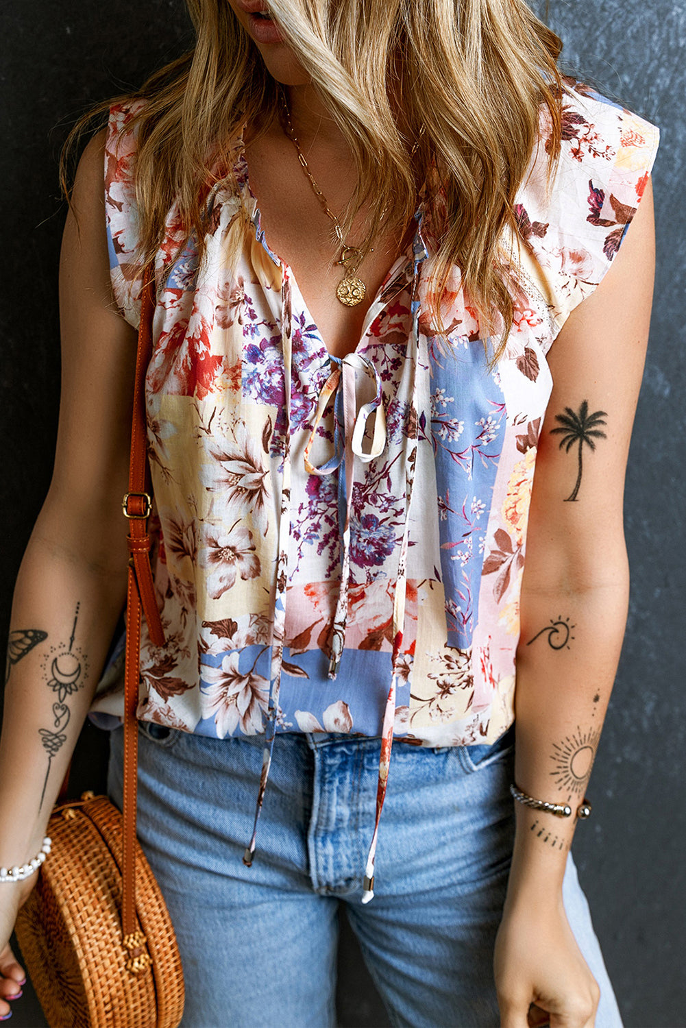 Blue Zone Planet |  Multicolour Floral Print Split V Neck Lace Trim Cap Sleeve Blouse Blue Zone Planet