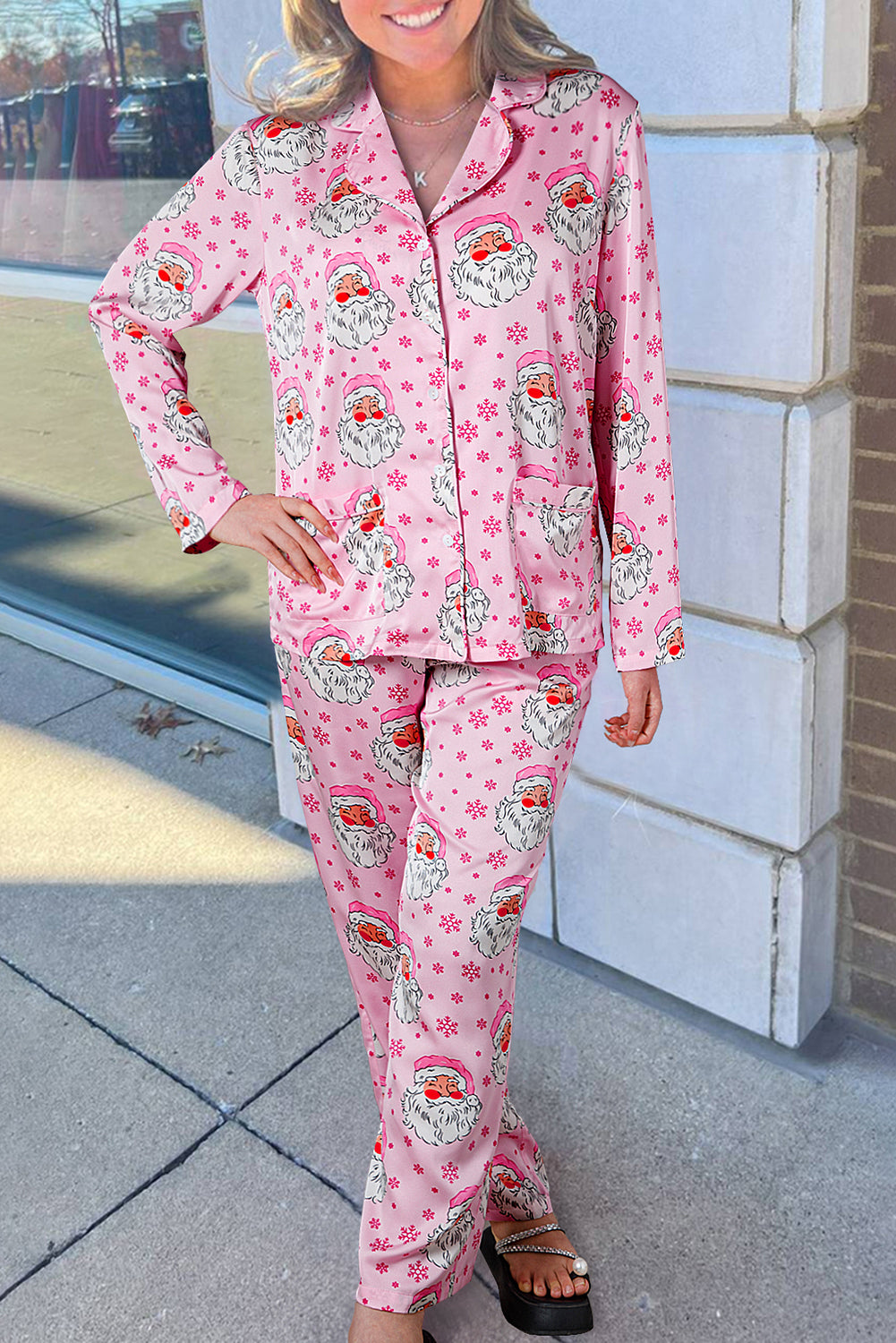 Blue Zone Planet | Pink Santa Claus Snowflake Long Sleeve Shirt Christmas Pajama Set-Loungewear & Sleepwear/Sleepwear-[Adult]-[Female]-Pink-S-2022 Online Blue Zone Planet