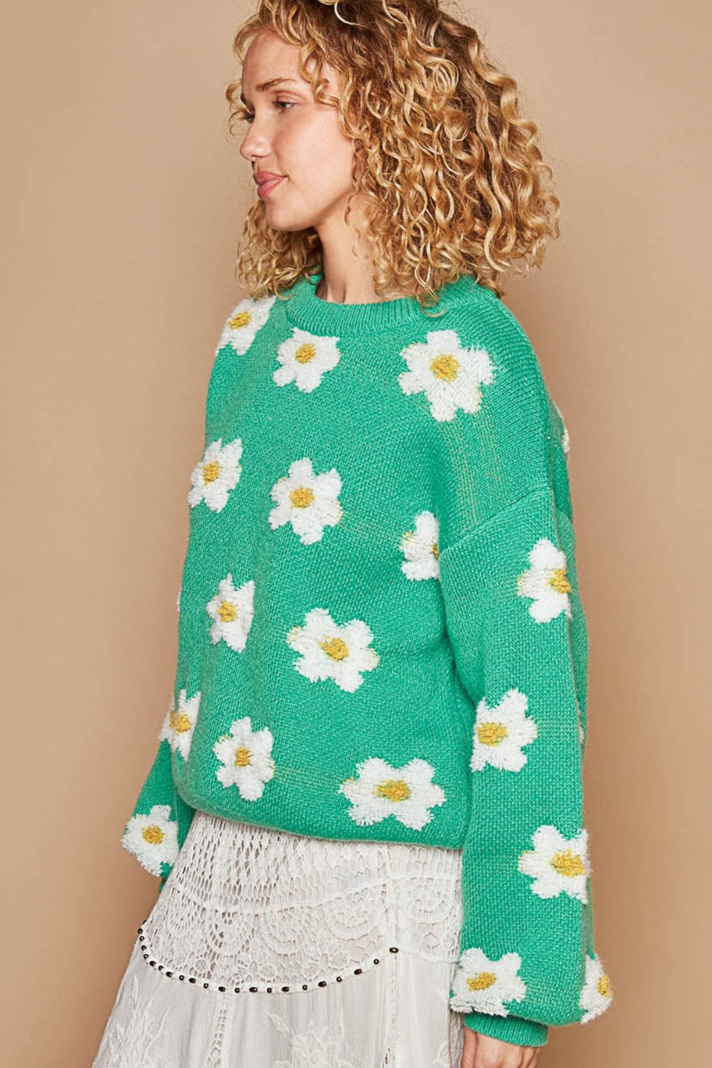 POL Daisy Pattern Drop Shoulder Sweater-TOPS / DRESSES-[Adult]-[Female]-2022 Online Blue Zone Planet