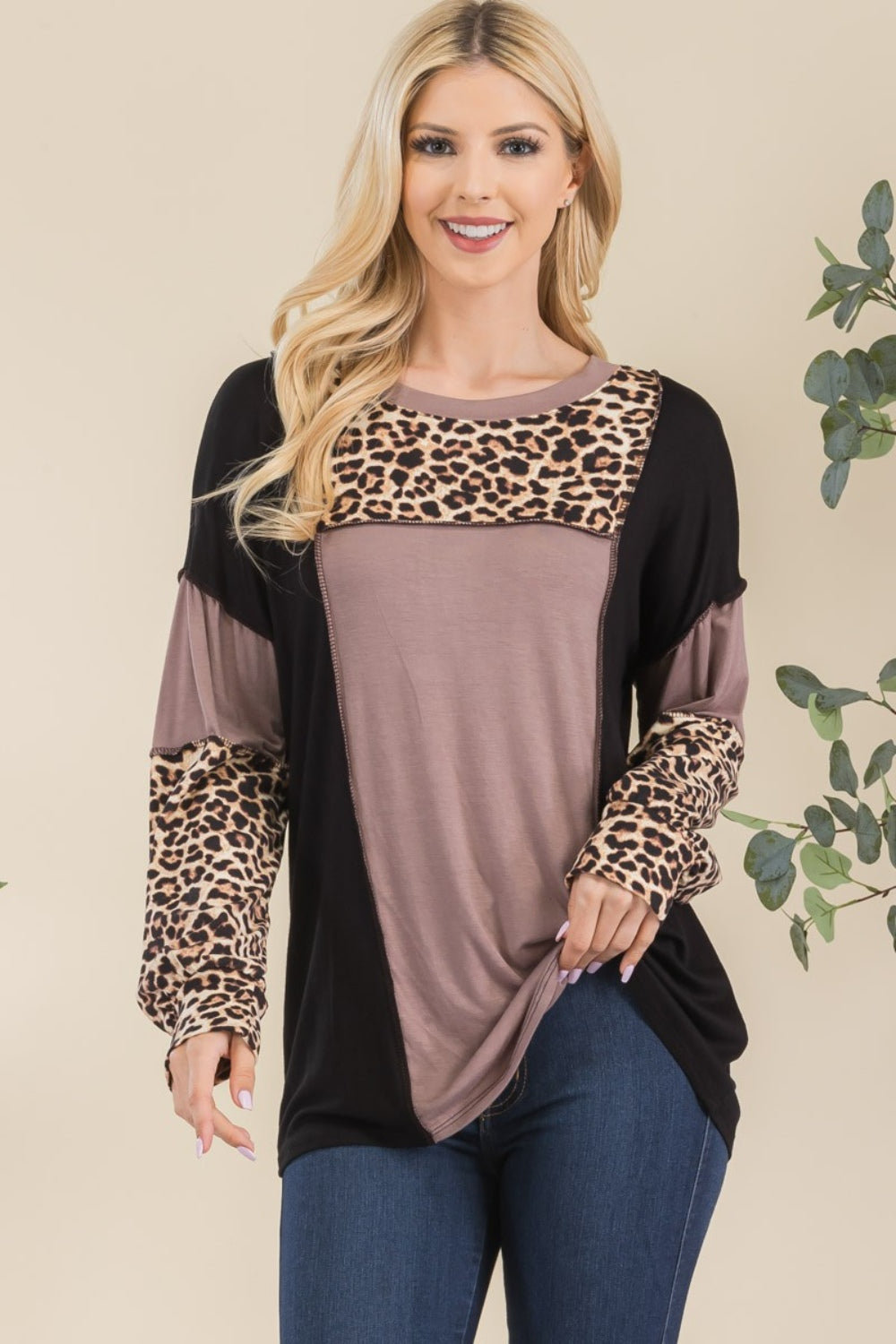 Blue Zone Planet | Celeste Full Size Leopard Color Block Exposed Seam T-Shirt-TOPS / DRESSES-[Adult]-[Female]-Mocha Leopard-S-2022 Online Blue Zone Planet