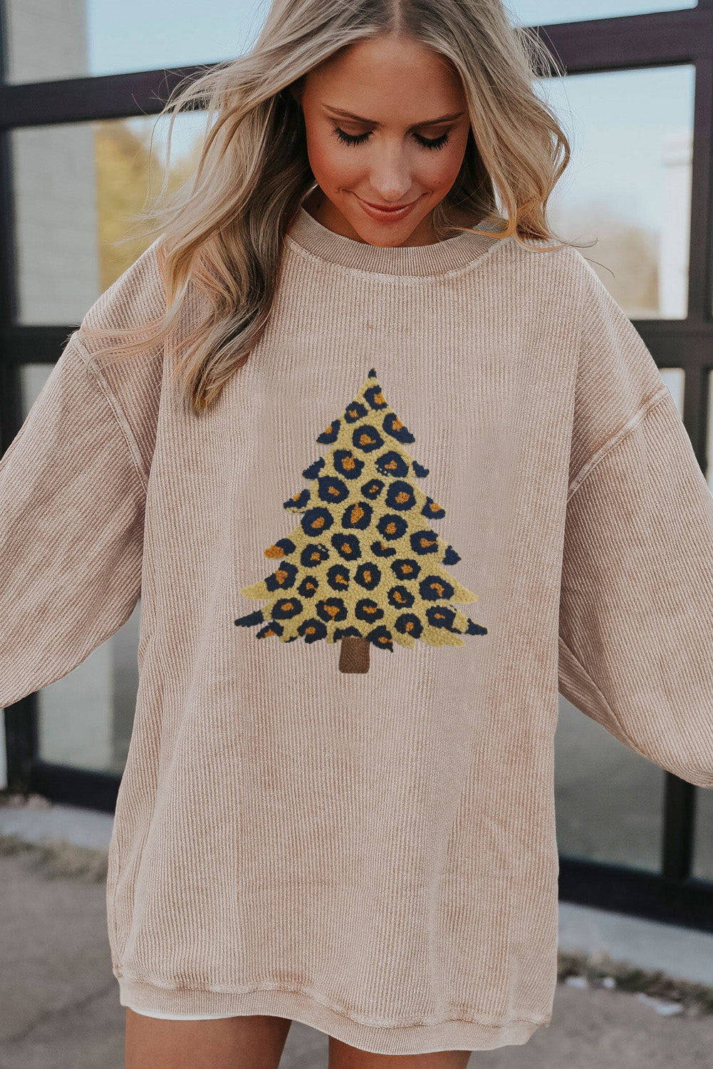Apricot Leopard Christmas Tree Graphic Corded Sweatshirt-Graphic/Graphic Sweatshirts-[Adult]-[Female]-2022 Online Blue Zone Planet