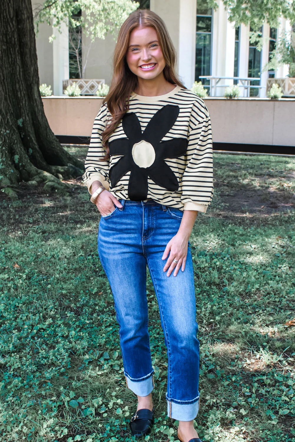 Black white Striped Big Flower Patched 3/4 Sleeve Top-Tops/Long Sleeve Tops-[Adult]-[Female]-2022 Online Blue Zone Planet