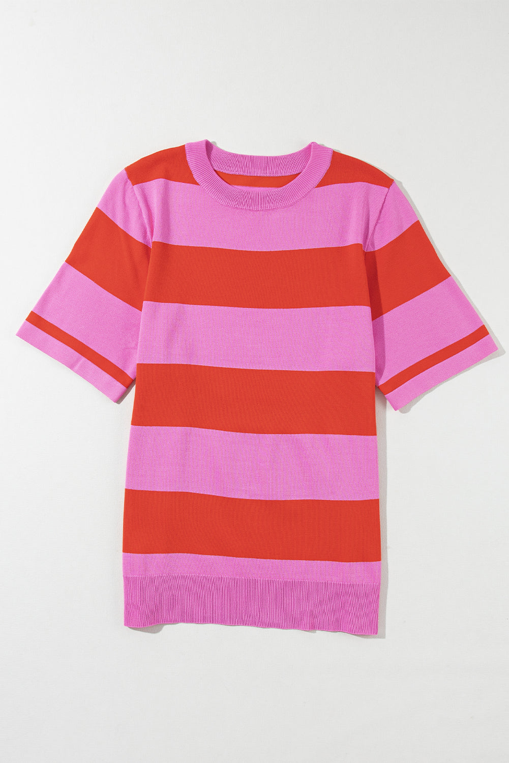 Bright Pink Colorblock Striped Knitted T shirt-Sweaters & Cardigans/Short Sleeve Sweaters-[Adult]-[Female]-2022 Online Blue Zone Planet