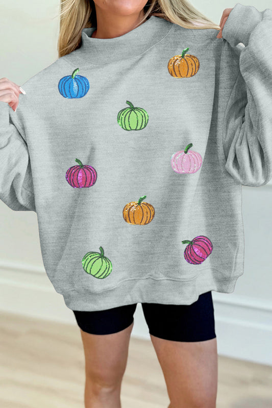 Gray Sequin Pumpkin Patch Mock Neck Baggy Sweatshirt-Graphic/Graphic Sweatshirts-[Adult]-[Female]-Gray-S-2022 Online Blue Zone Planet