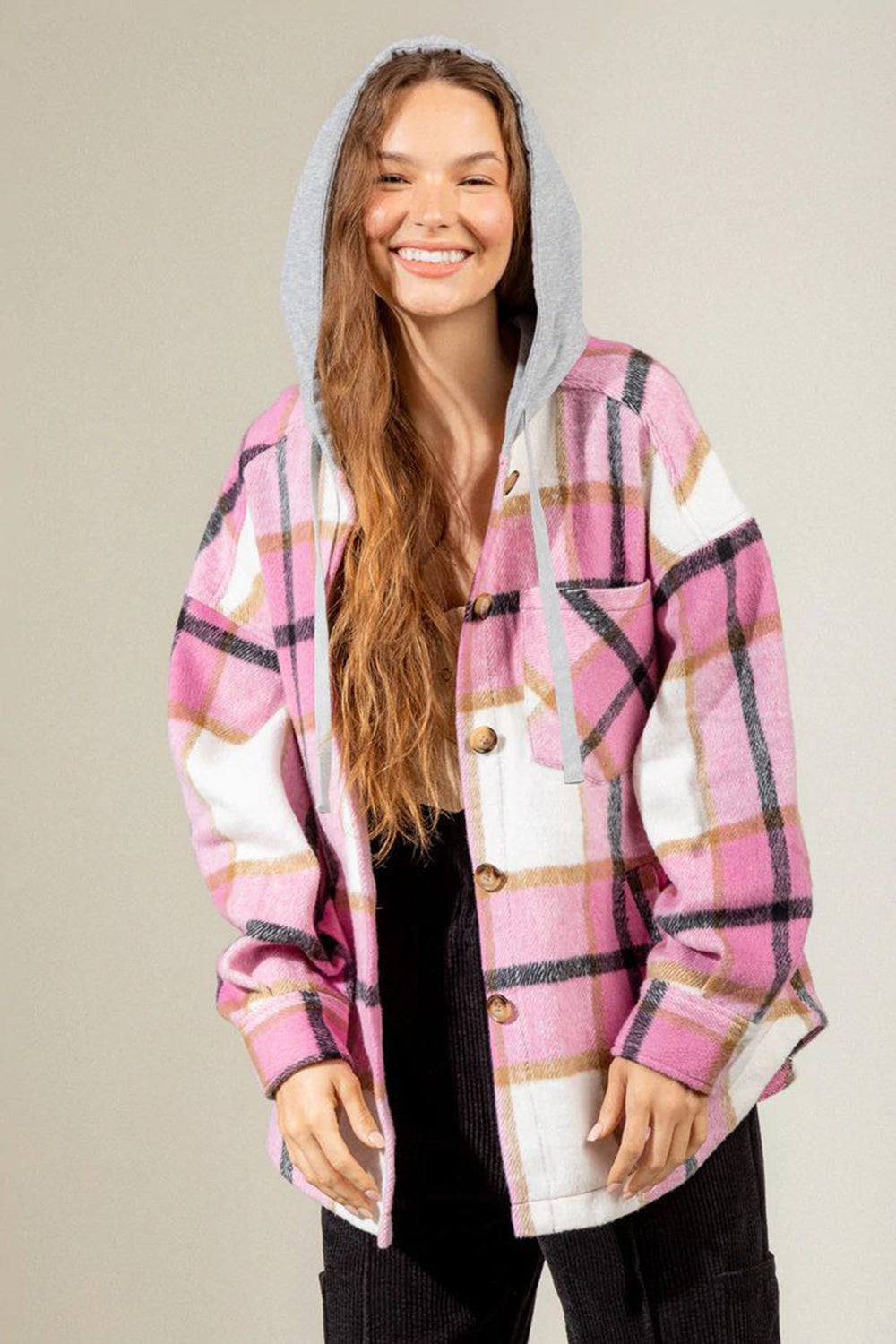 Drawstring Plaid Dropped Shoulder Hooded Shacket-TOPS / DRESSES-[Adult]-[Female]-Pink-S-2022 Online Blue Zone Planet