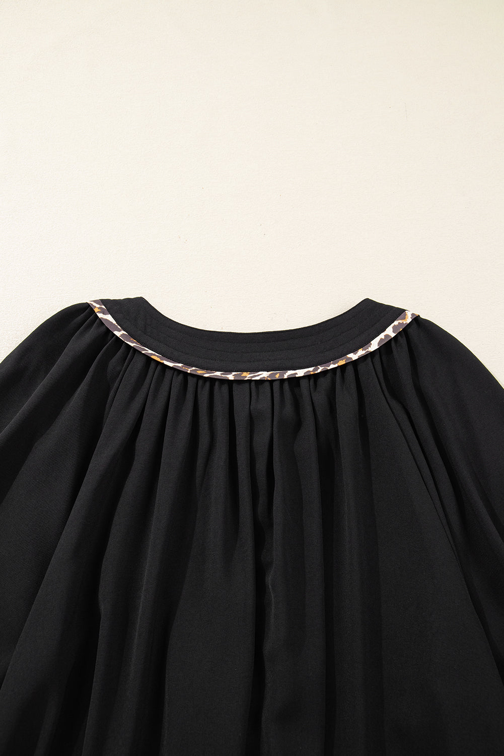 Black Plus Size Notched Neck Leopard Trim Flounce Long Sleeve Shift Dress-TOPS / DRESSES-[Adult]-[Female]-2022 Online Blue Zone Planet