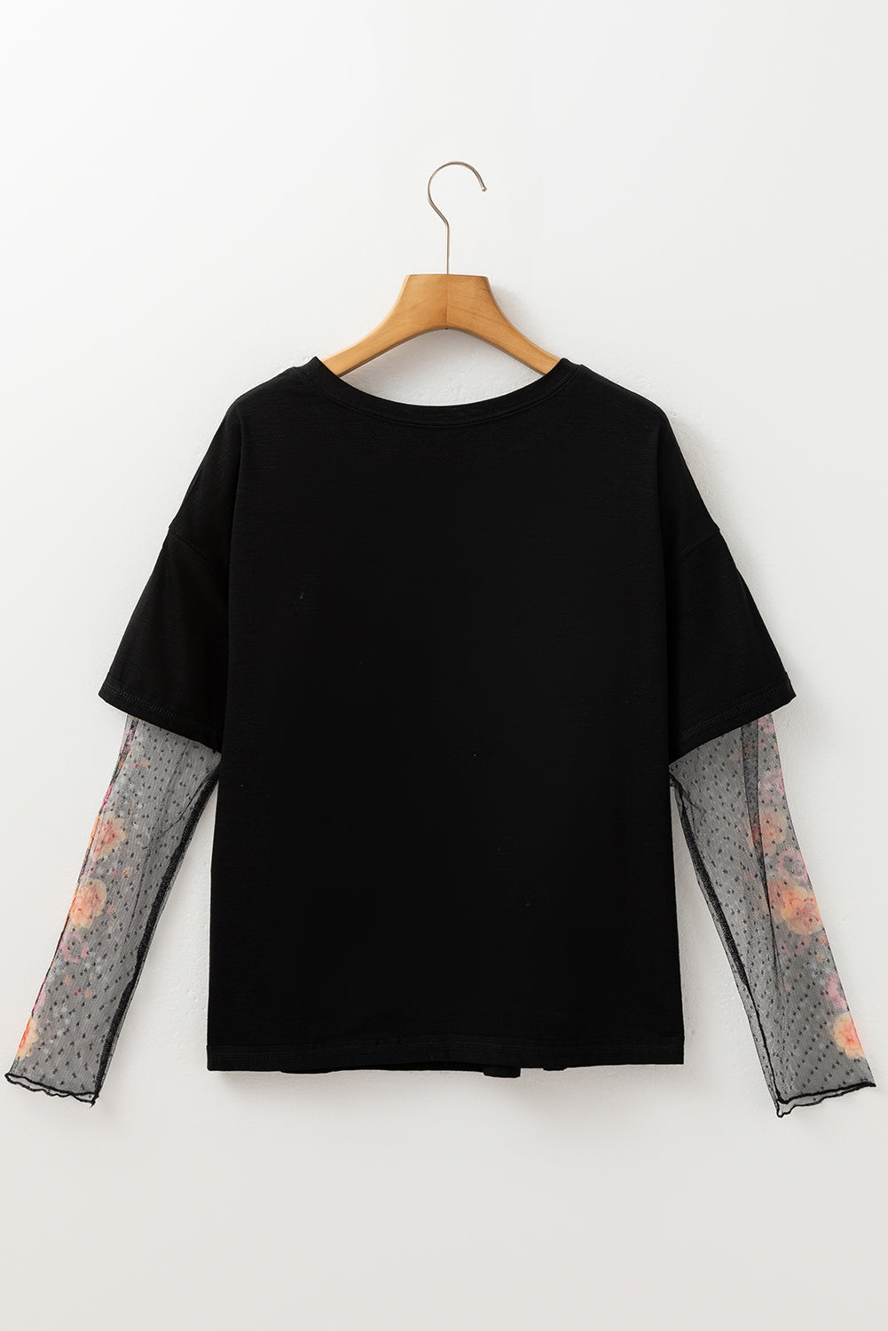 Blue Zone Planet | Black Faux Two Piece Floral Long Sleeve Patchwork Tee-Tops/Long Sleeve Tops-[Adult]-[Female]-2022 Online Blue Zone Planet